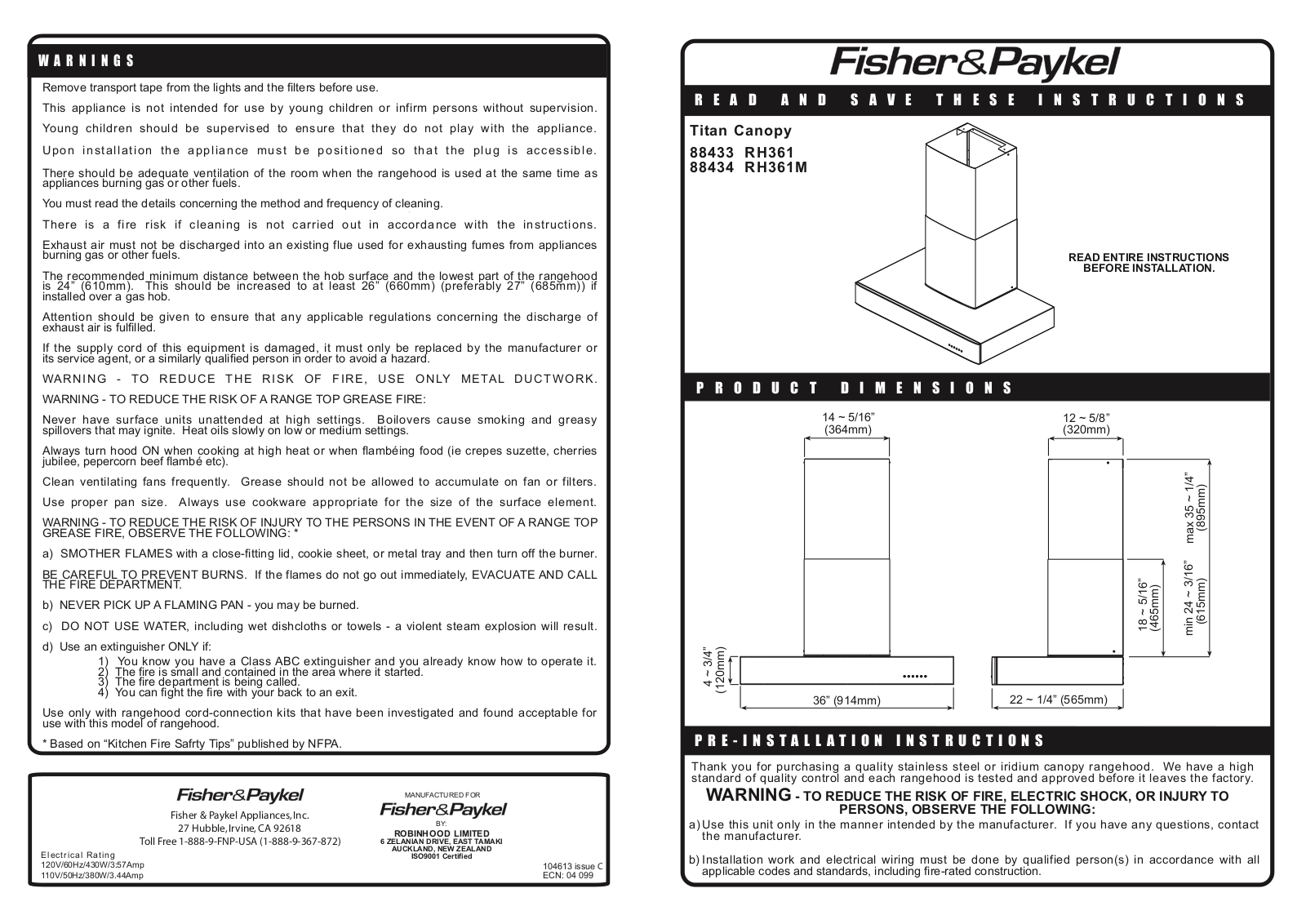 Fisher & Paykel RH361, RH361M Installation Guide