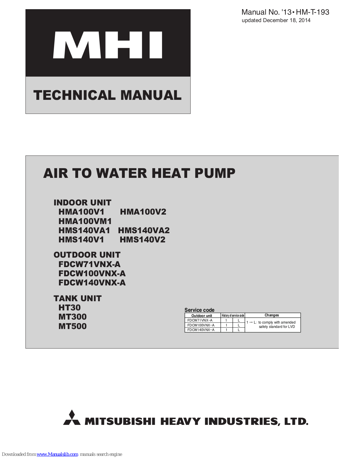 Mitsubishi Heavy Industries HMA100V1, HMA100V2, HMS140V1, HMS140V2, HT30 Technical Manual