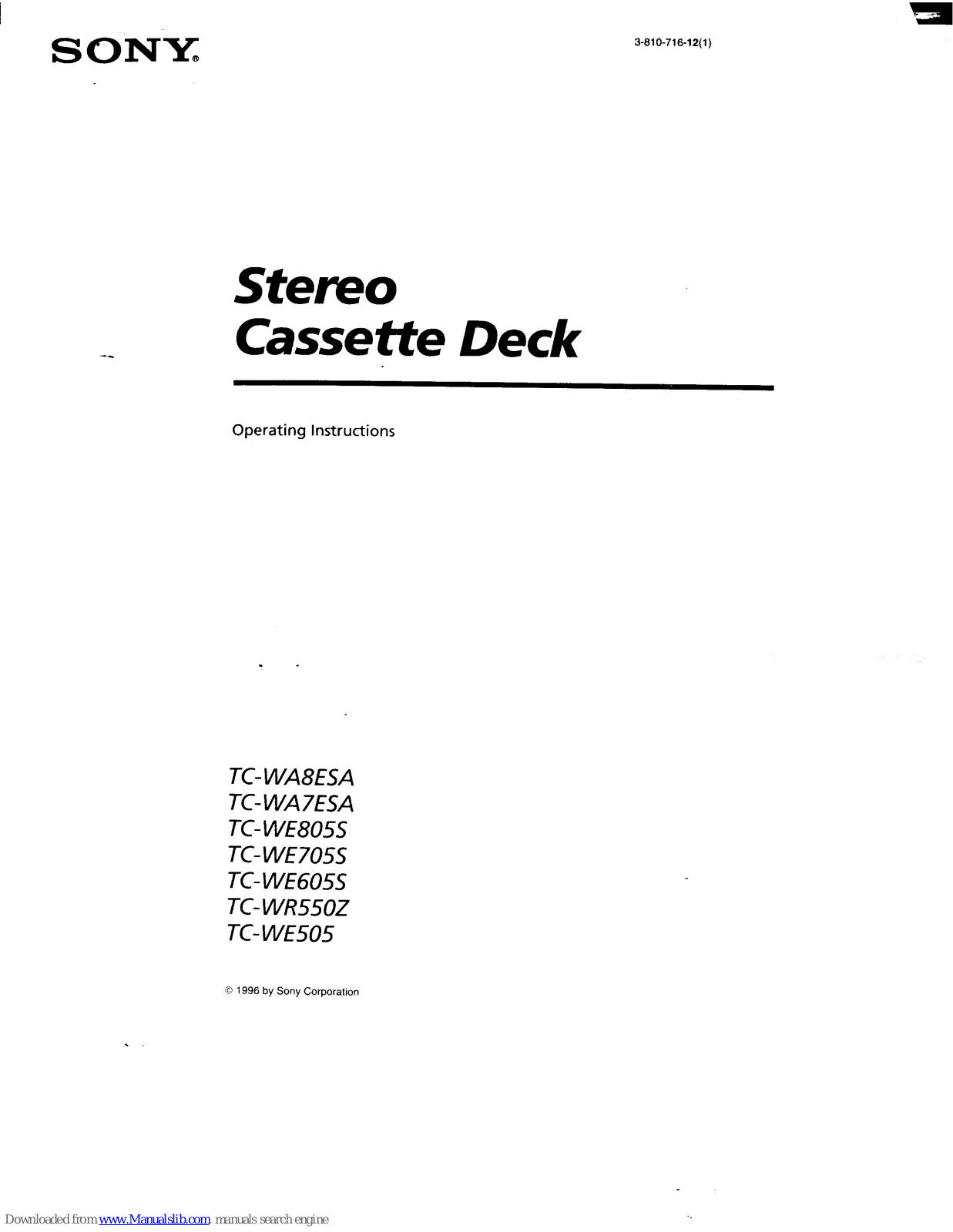 Sony TC-WR550Z,TC-WA7ESA,TC-WA8ESA,TC-WE805S,TC-WE705S,TC-WE605S,TC-WE505 Operating Instructions Manual