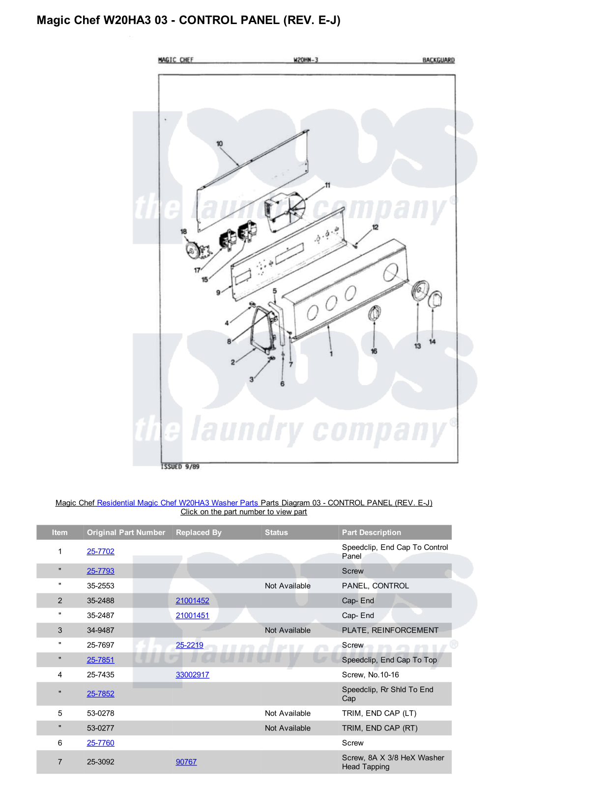 Magic Chef W20HA3 Parts Diagram