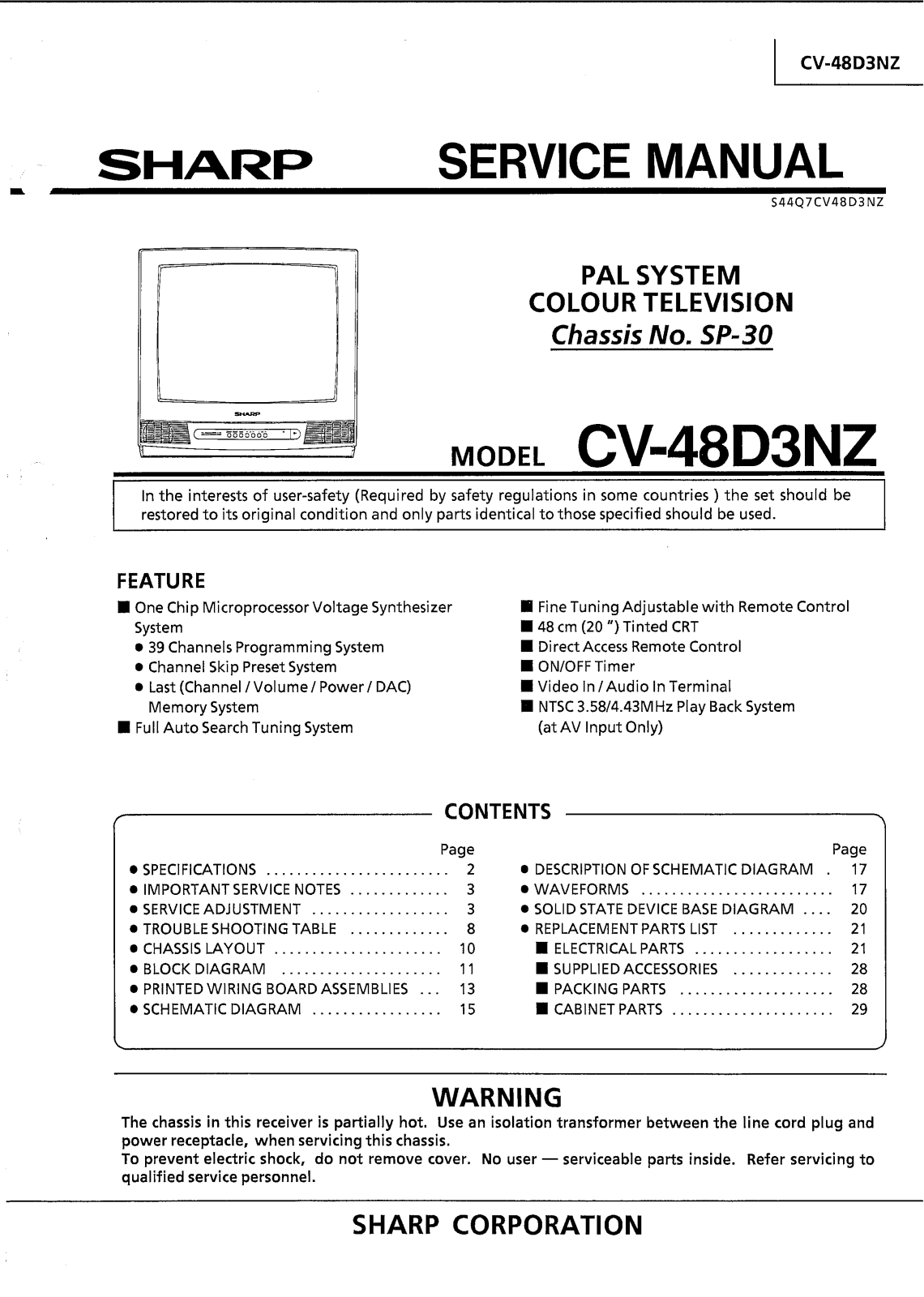 SHARP CV48D3, CV51C4, CX34D2, CX34D3, CX48D3 Service manual & schematics - ManualMachine.com