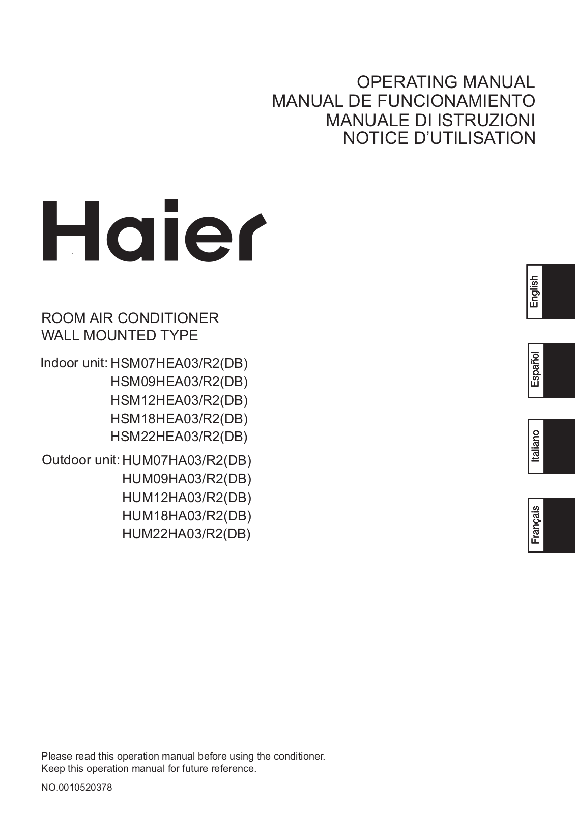 Haier HSM12HEA03/R2, HSM07HEA03/R2, HSM09HEA03/R2 User Manual