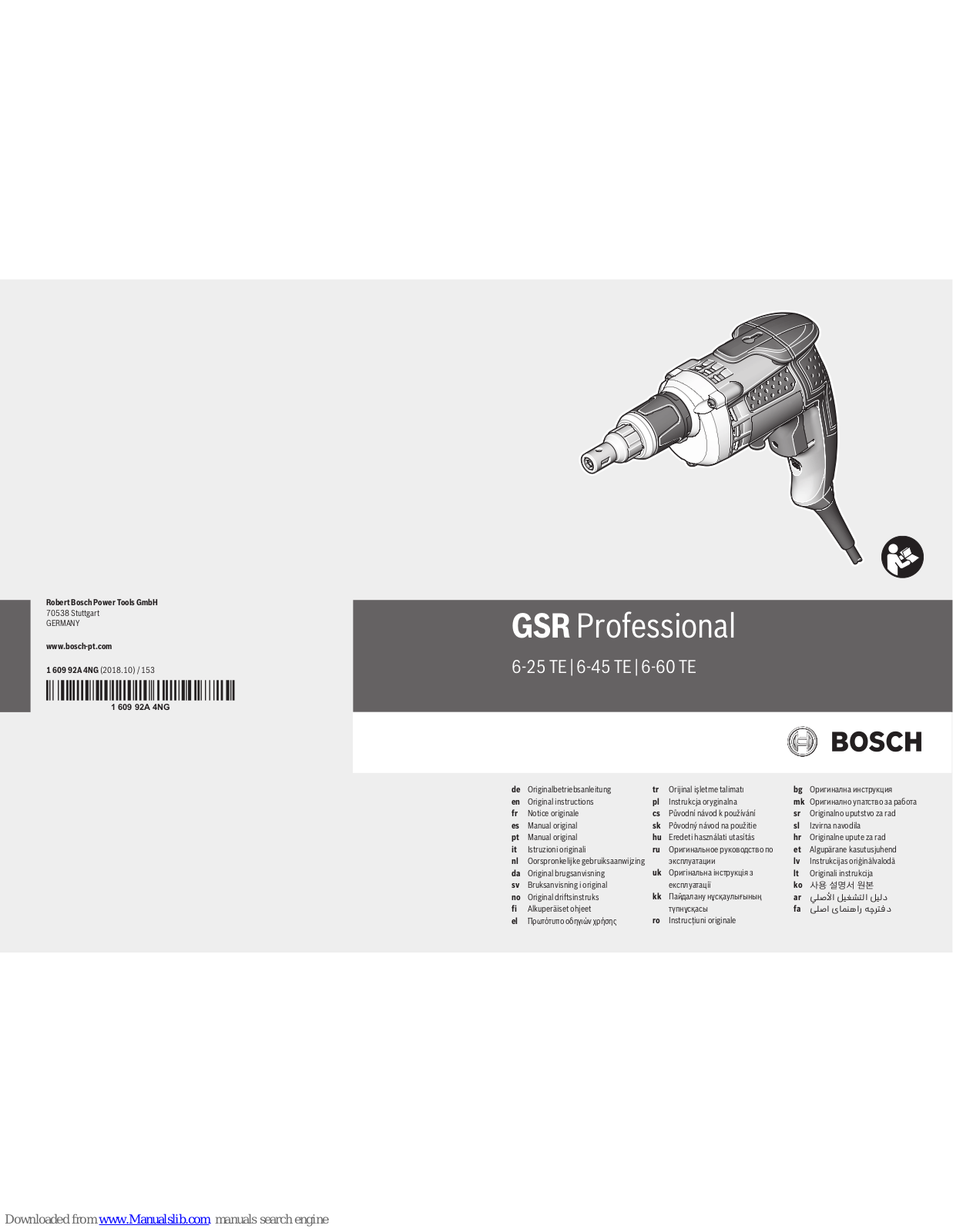 Bosch GSR 6-25 TE Professional, GSR 6-45 TE Professional, GSR 6-60 TE Professional Original Instructions Manual