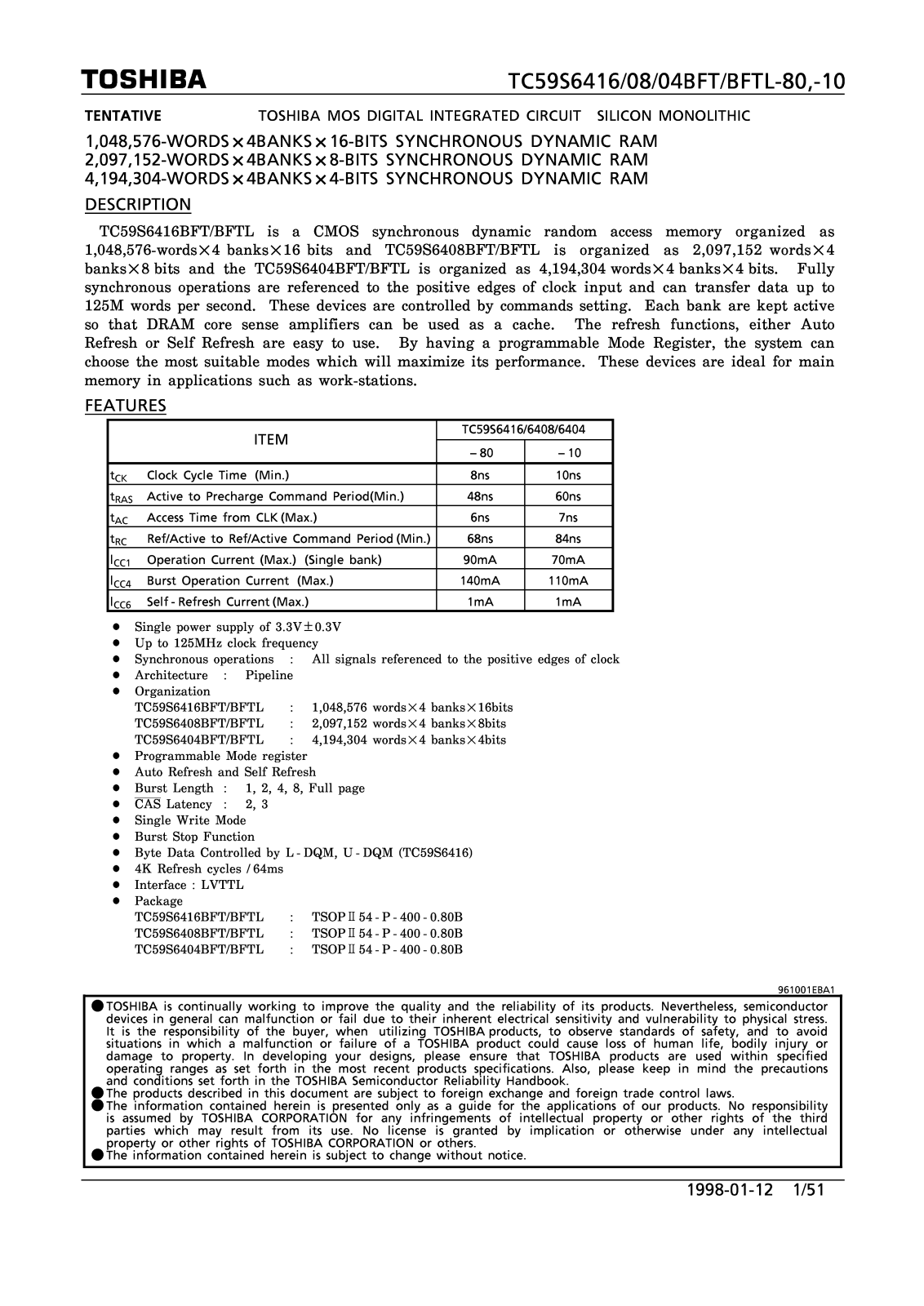 Toshiba TC59S6416BFT-80 Datasheet