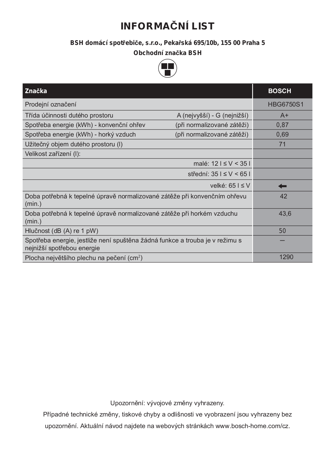 Bosch HBG6750S1 Information sheet