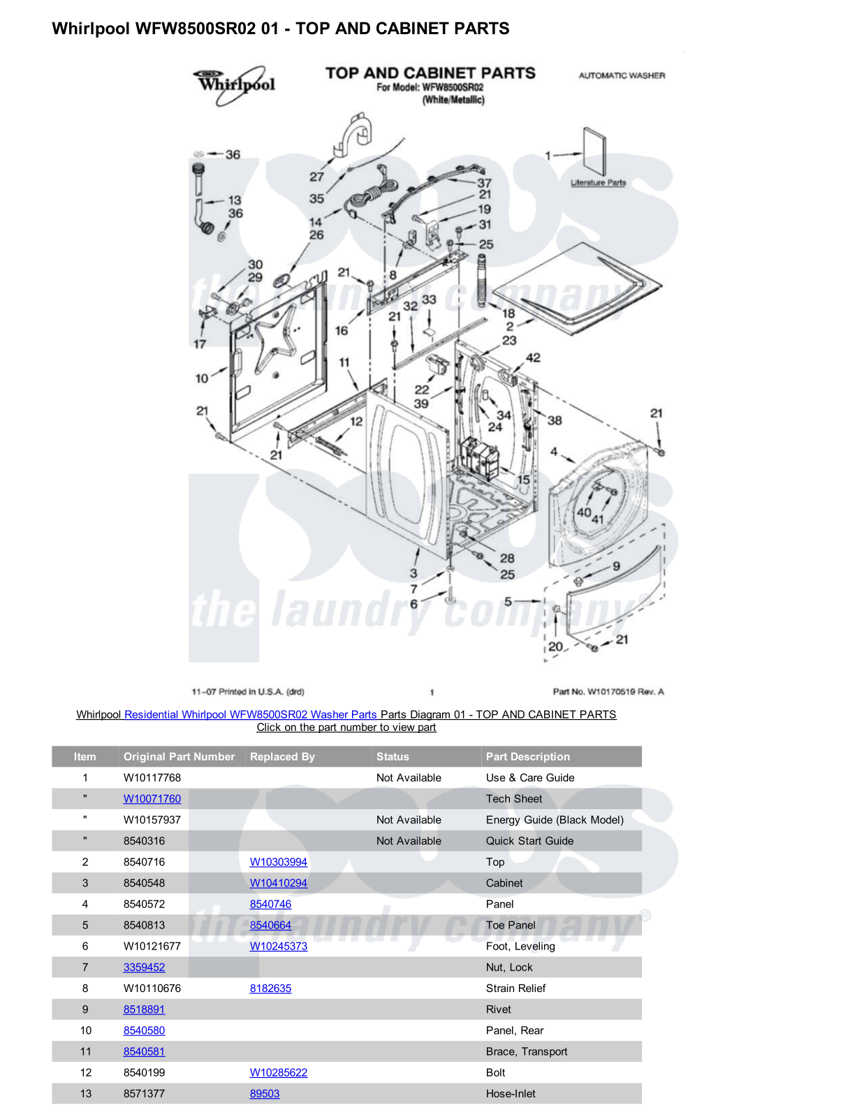 Whirlpool WFW8500SR02 Parts Diagram