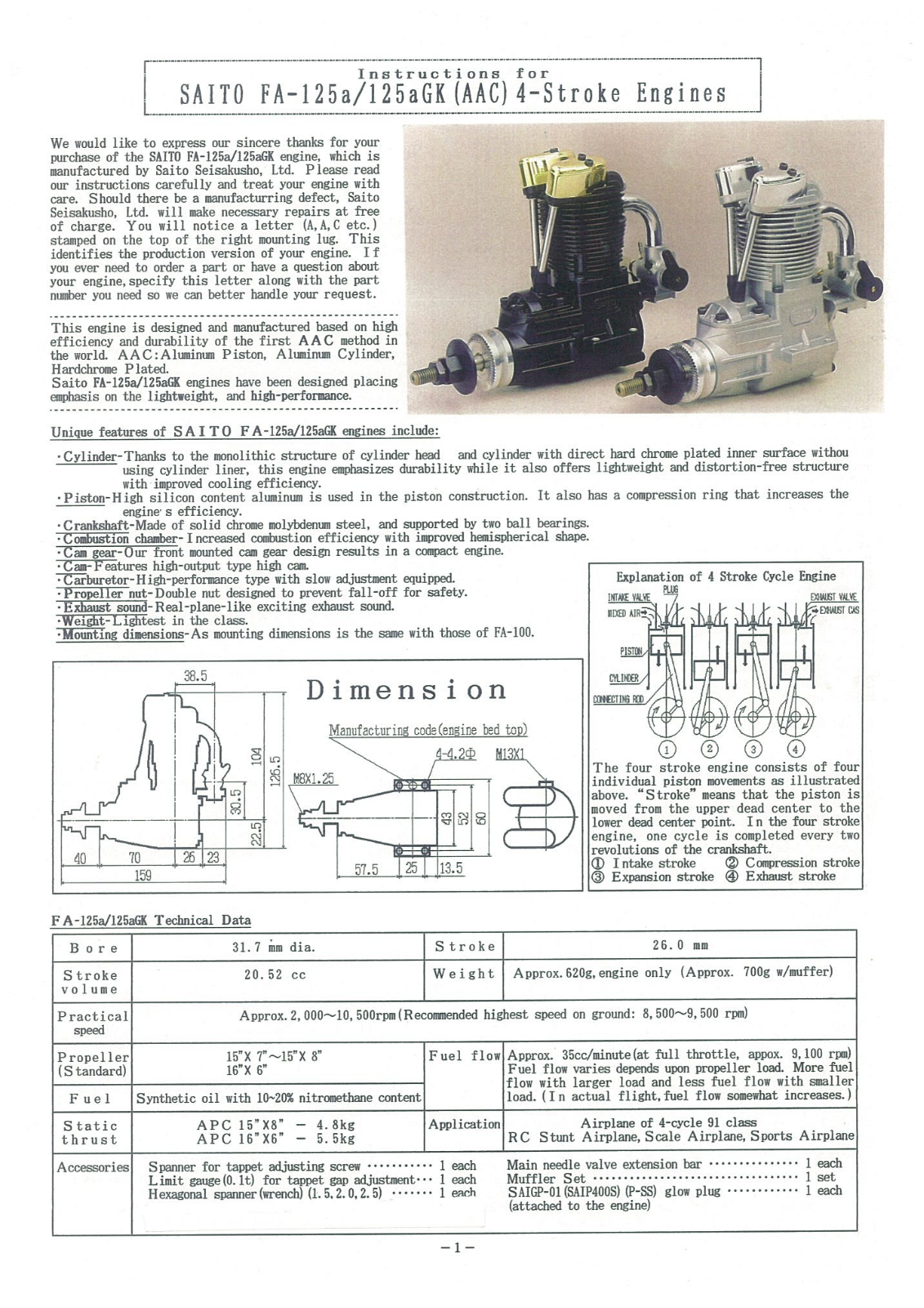 Saito FA-125A, FA-125AGK User Manual