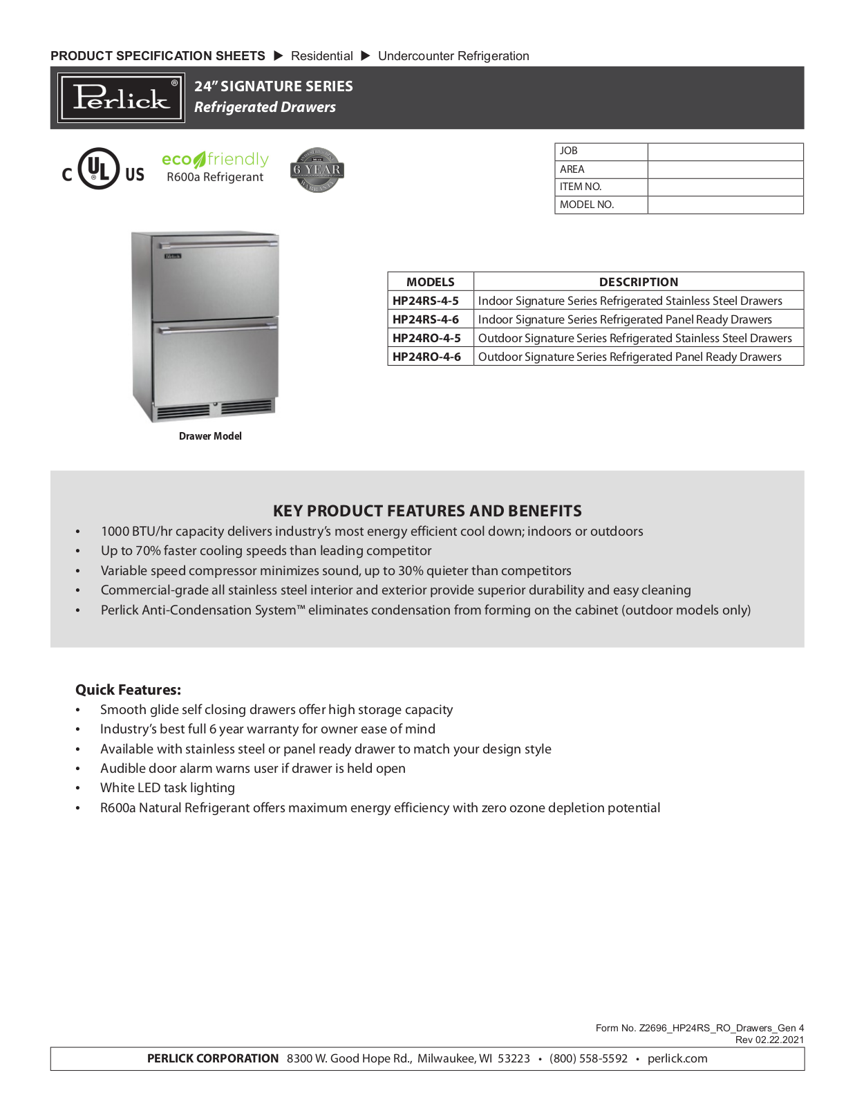 Perlick HP24RO-4-5, HP24RS-4-5, HP24RS-4-6, HP24RO-4-6 Specification Sheet