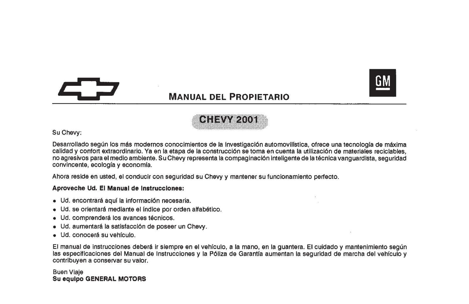 Chevrolet CHEVY-2001 User Manual