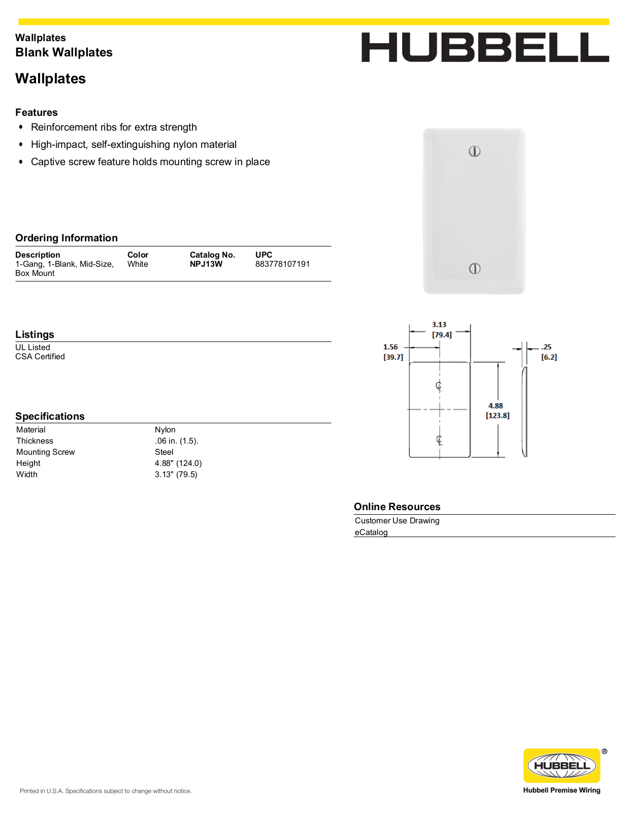 Hubbell NPJ13W Specifications