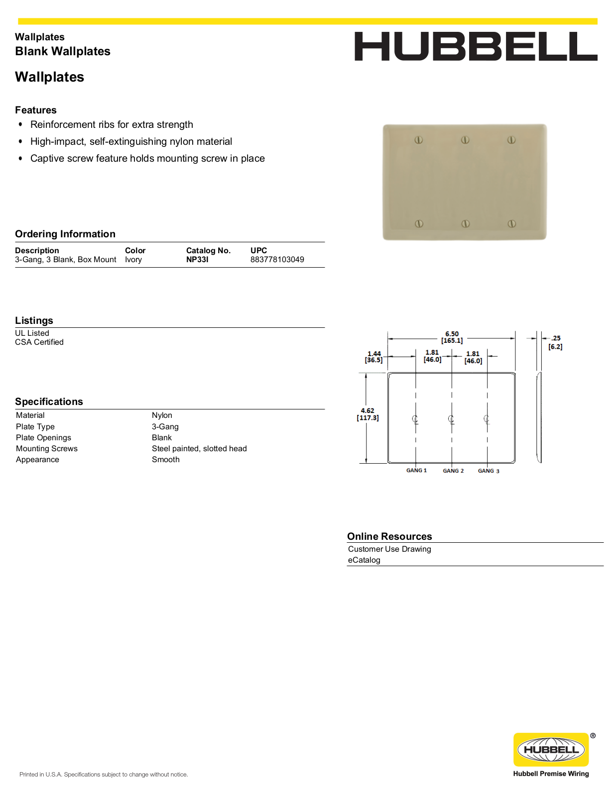 Hubbell NP33I Specifications