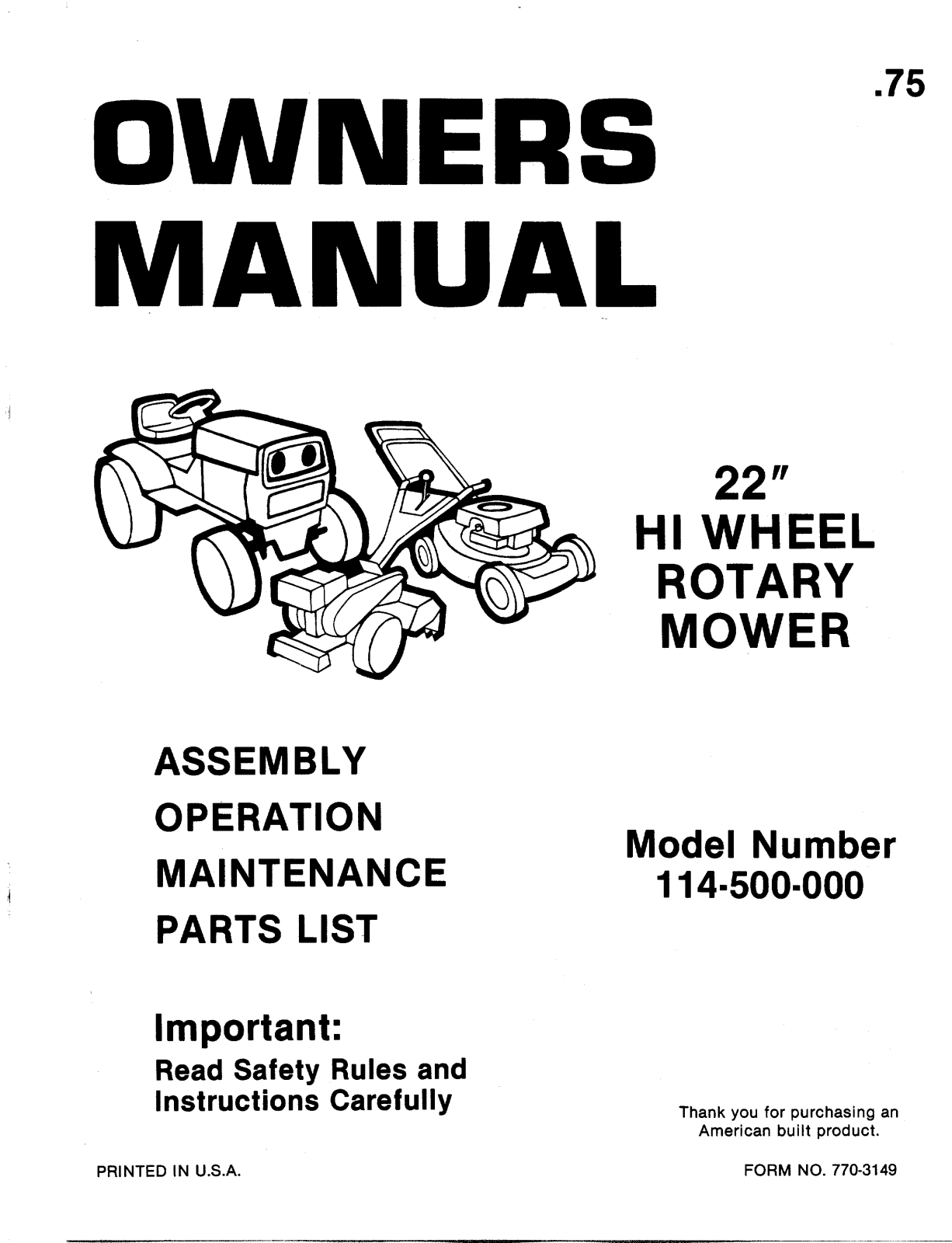 Mtd 114-500-000 owners Manual