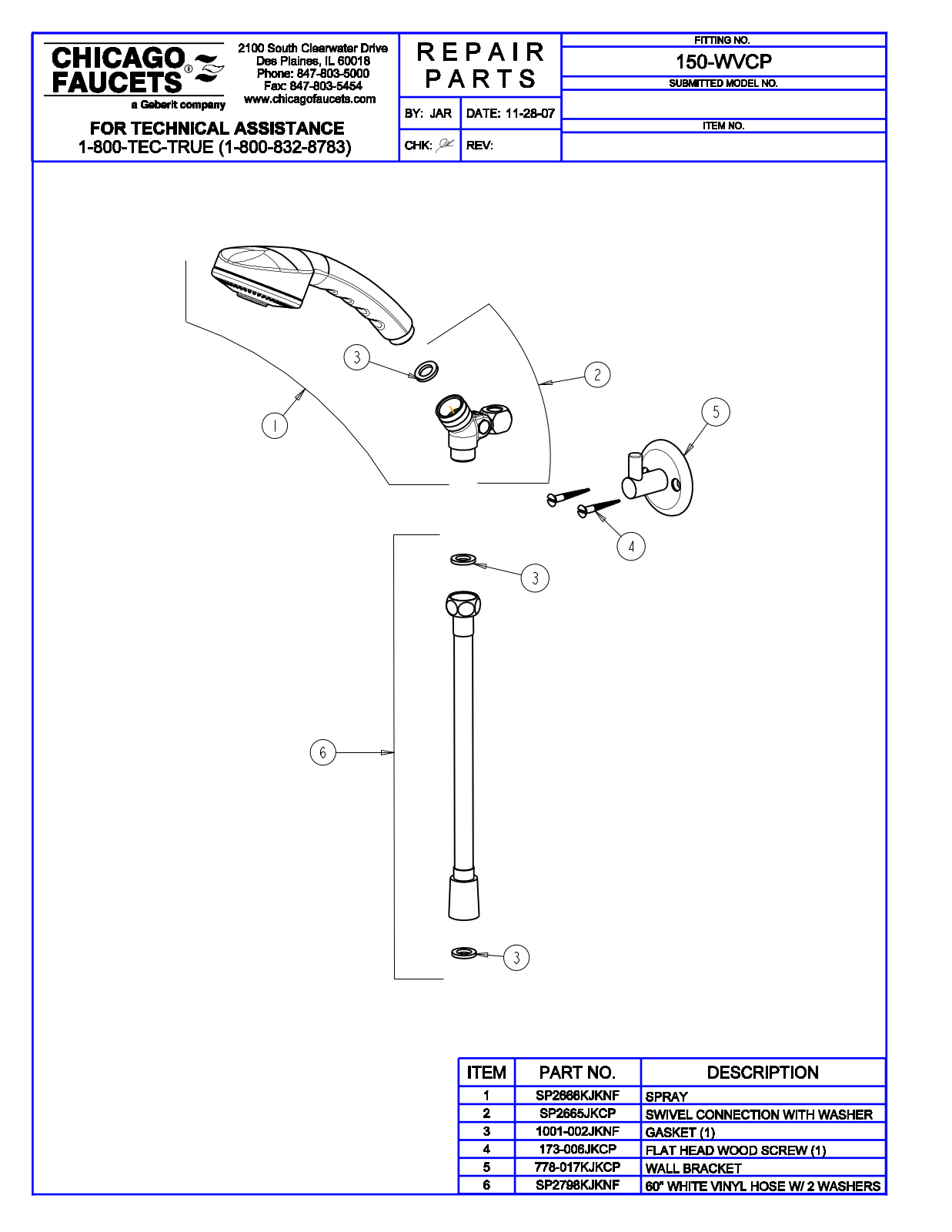 Chicago Faucet 150-WVCP Parts List