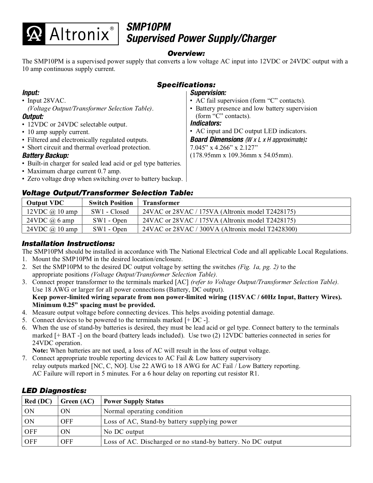 Altronix SMP10PM Installation Instructions