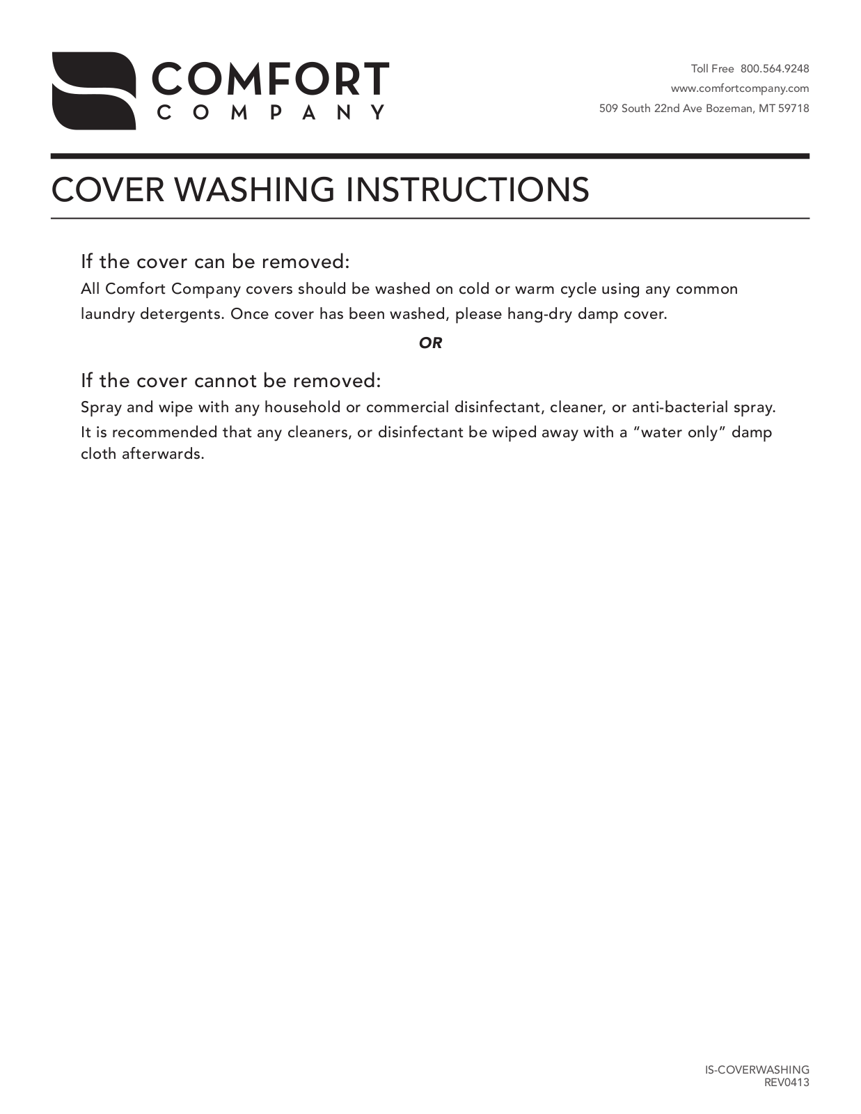 Comfort Company Cover Washing User Manual