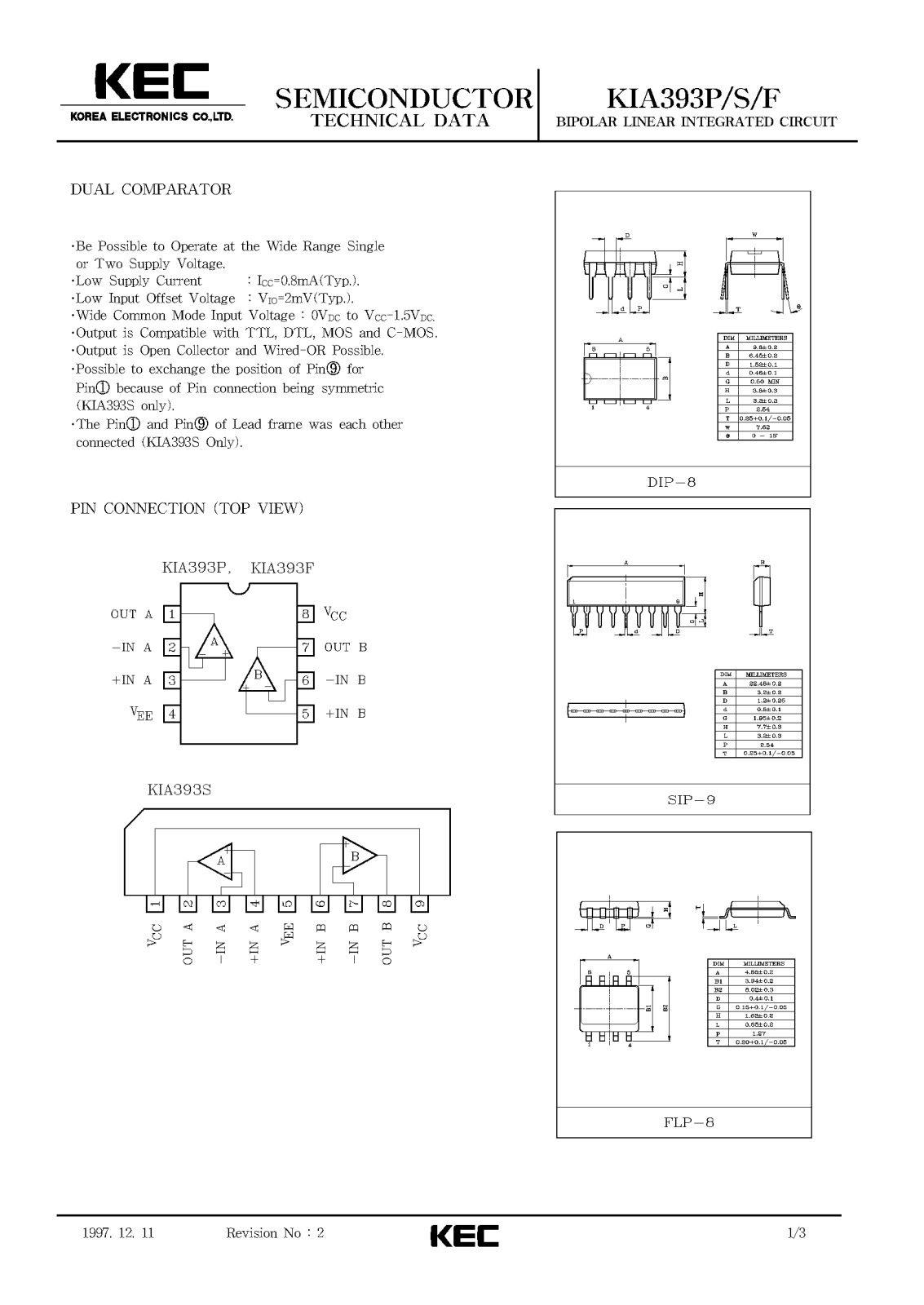 KEC KIA393S, KIA393F, KIA393P Datasheet