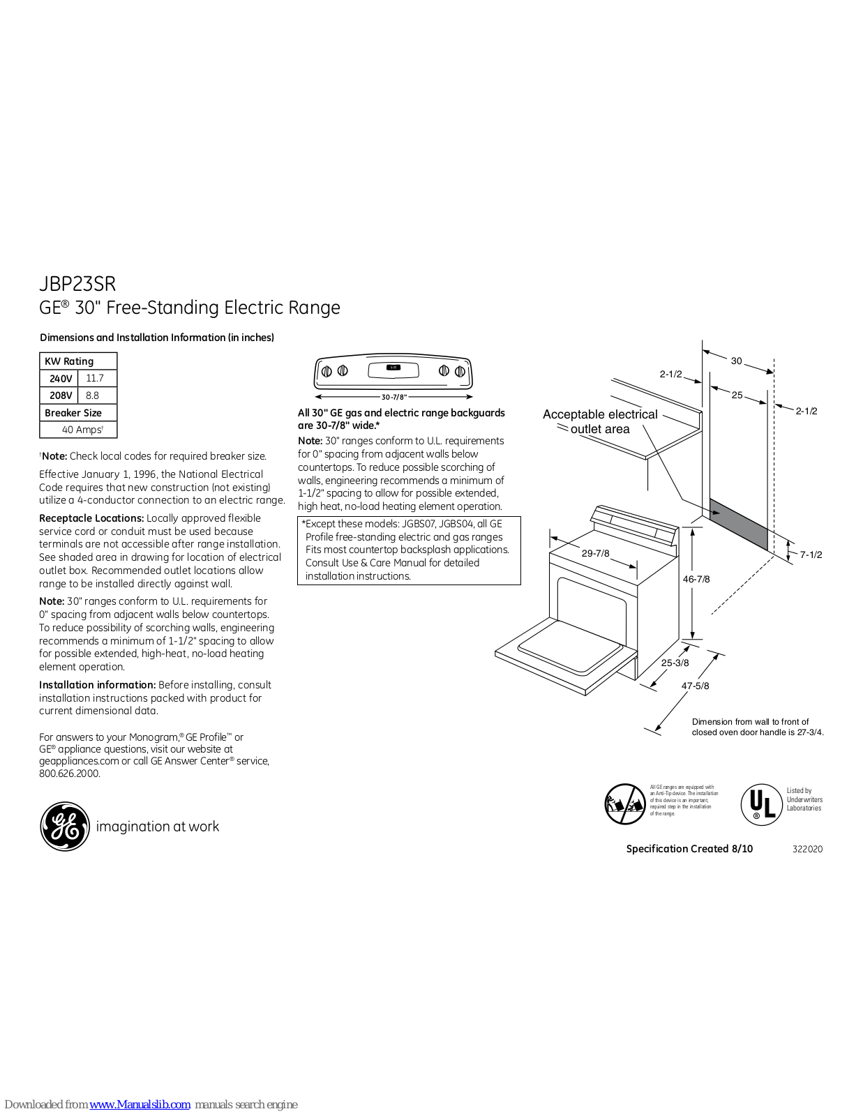 GE JBP23SRSS, JBP23SR Dimensions And Installation Information