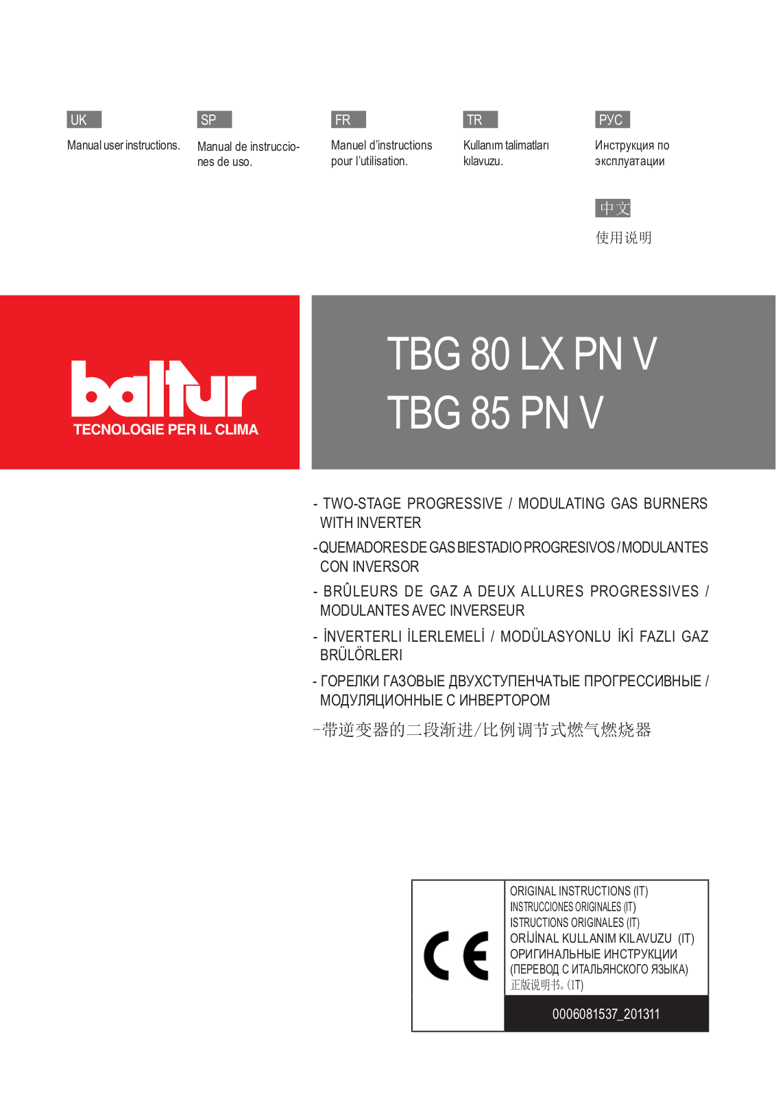 baltur TBG 80 LX PN V, TBG 85 PN V Manual User Instructions