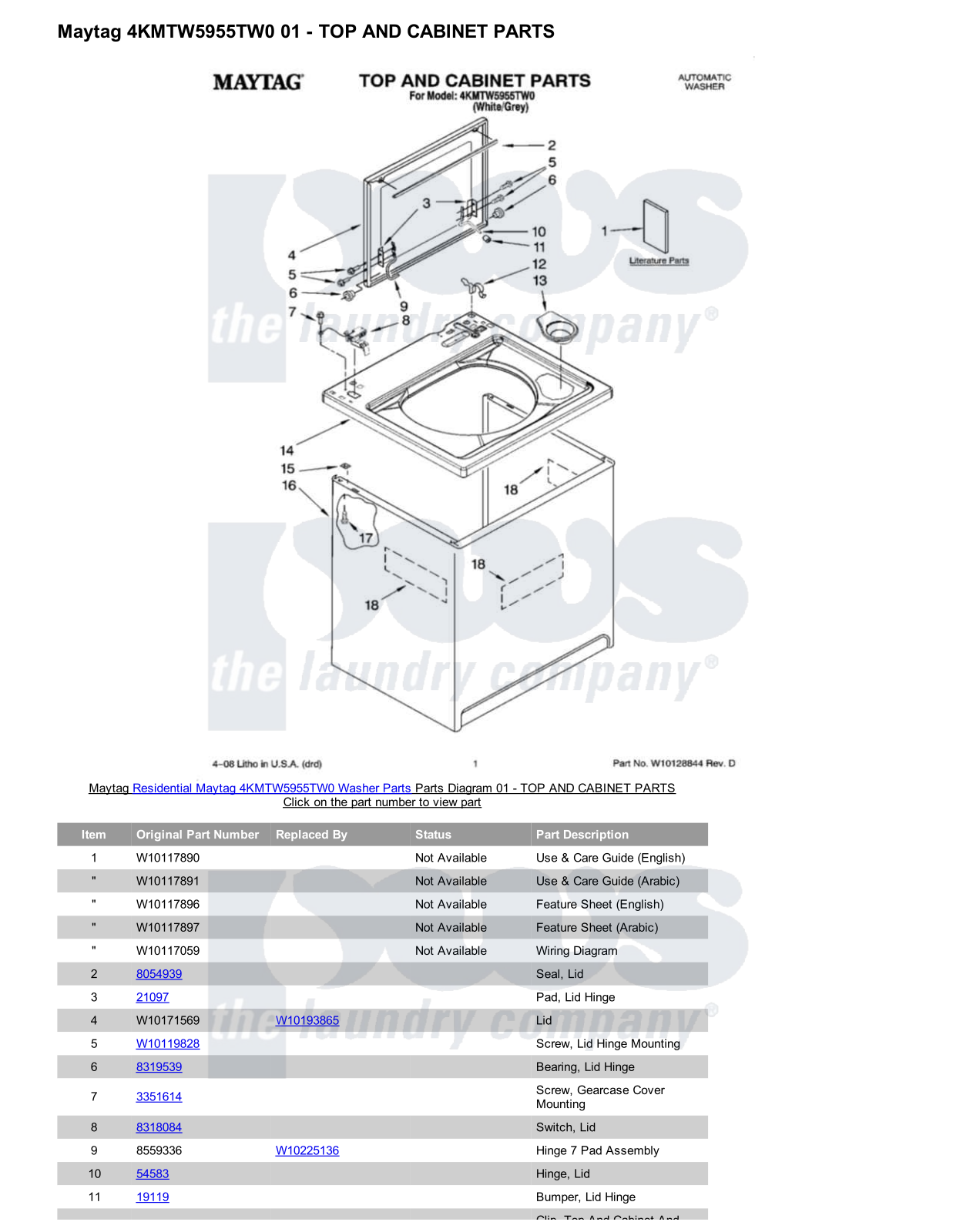 Maytag 4KMTW5955TW0 Parts Diagram