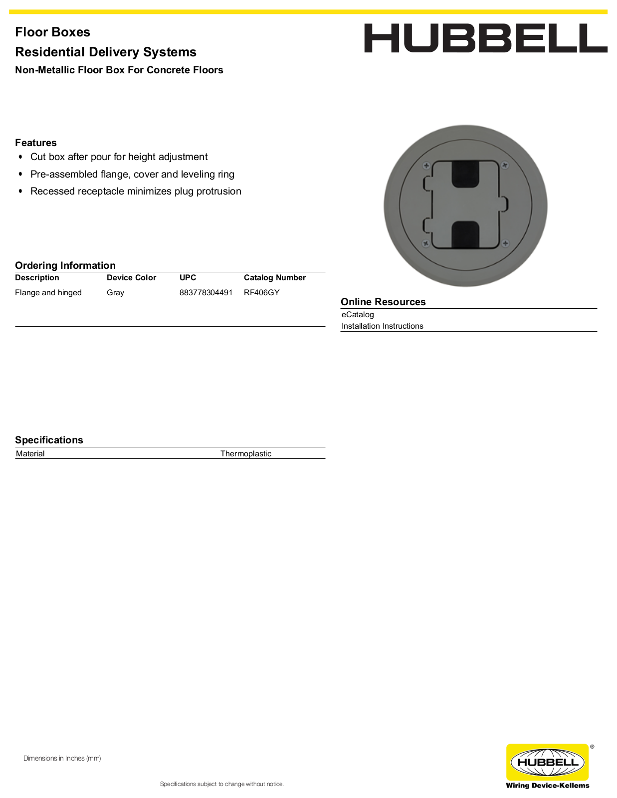 Hubbell RF406GY Specifications