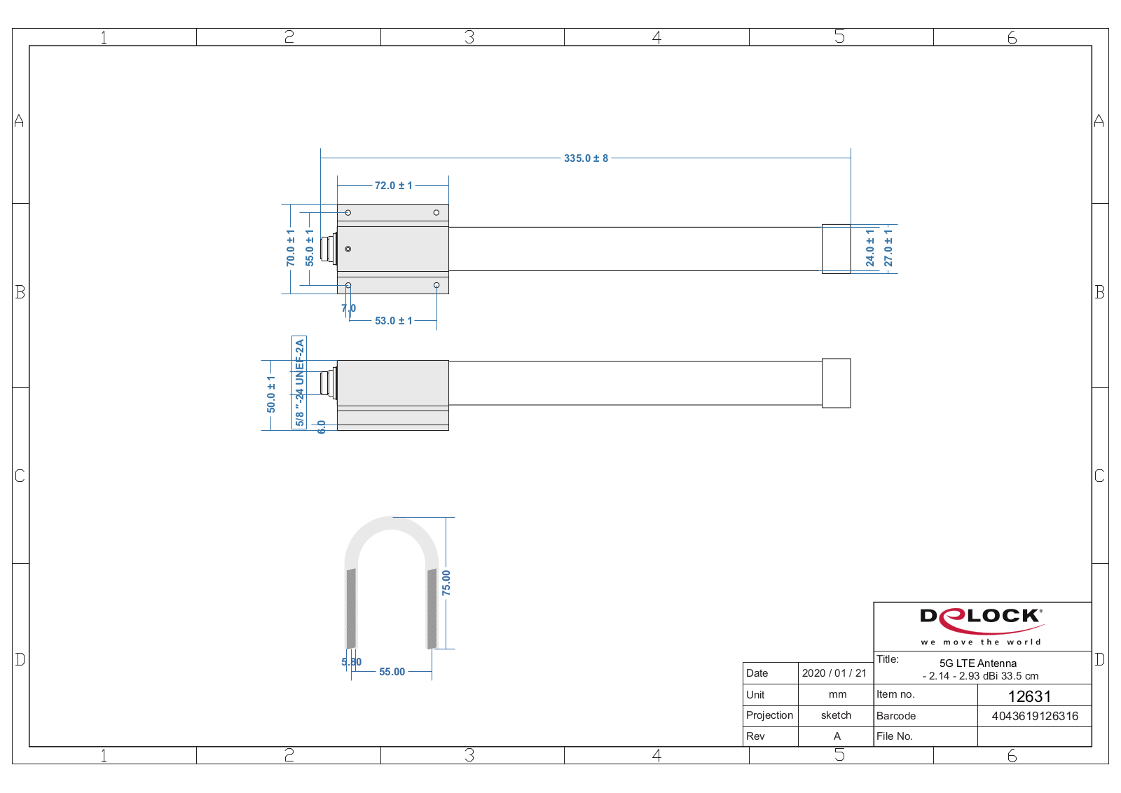 DeLOCK 5G LTE antenna, pole mount, N-plug, 2.93dBi, omnidirectional, white Dimensional drawing