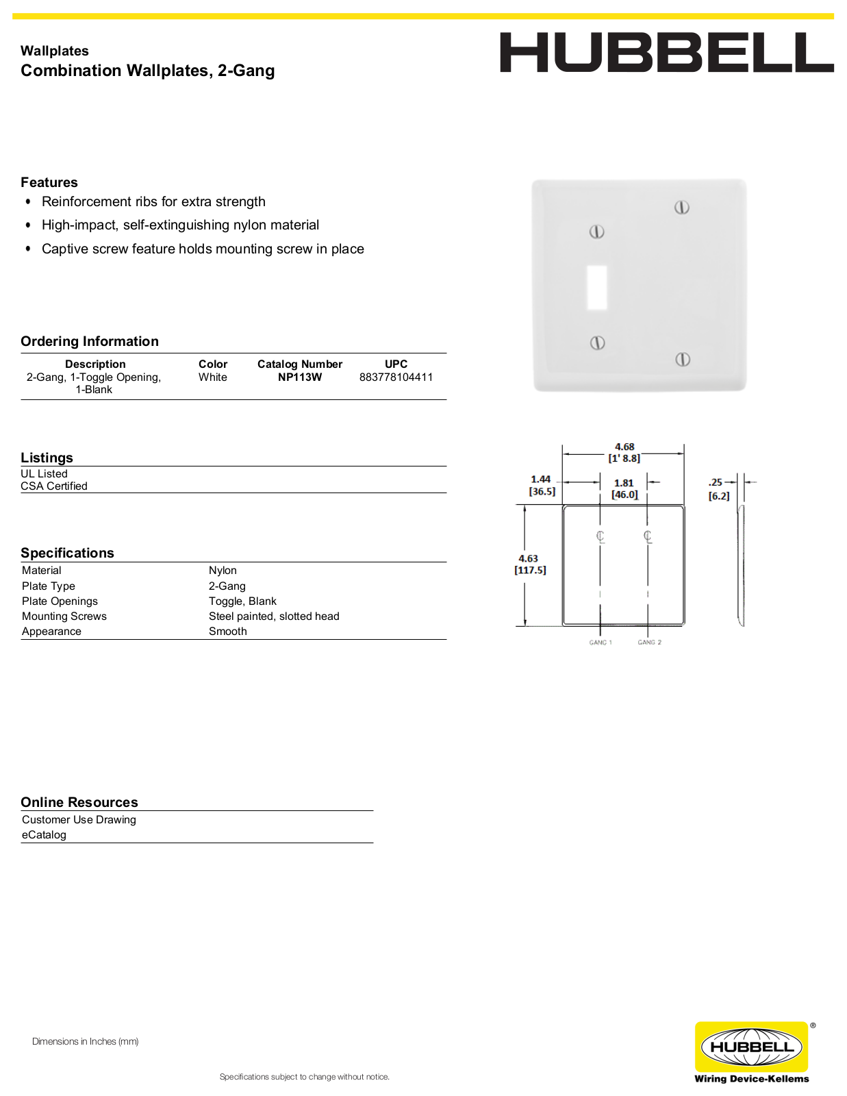 Hubbell NP113W Specifications