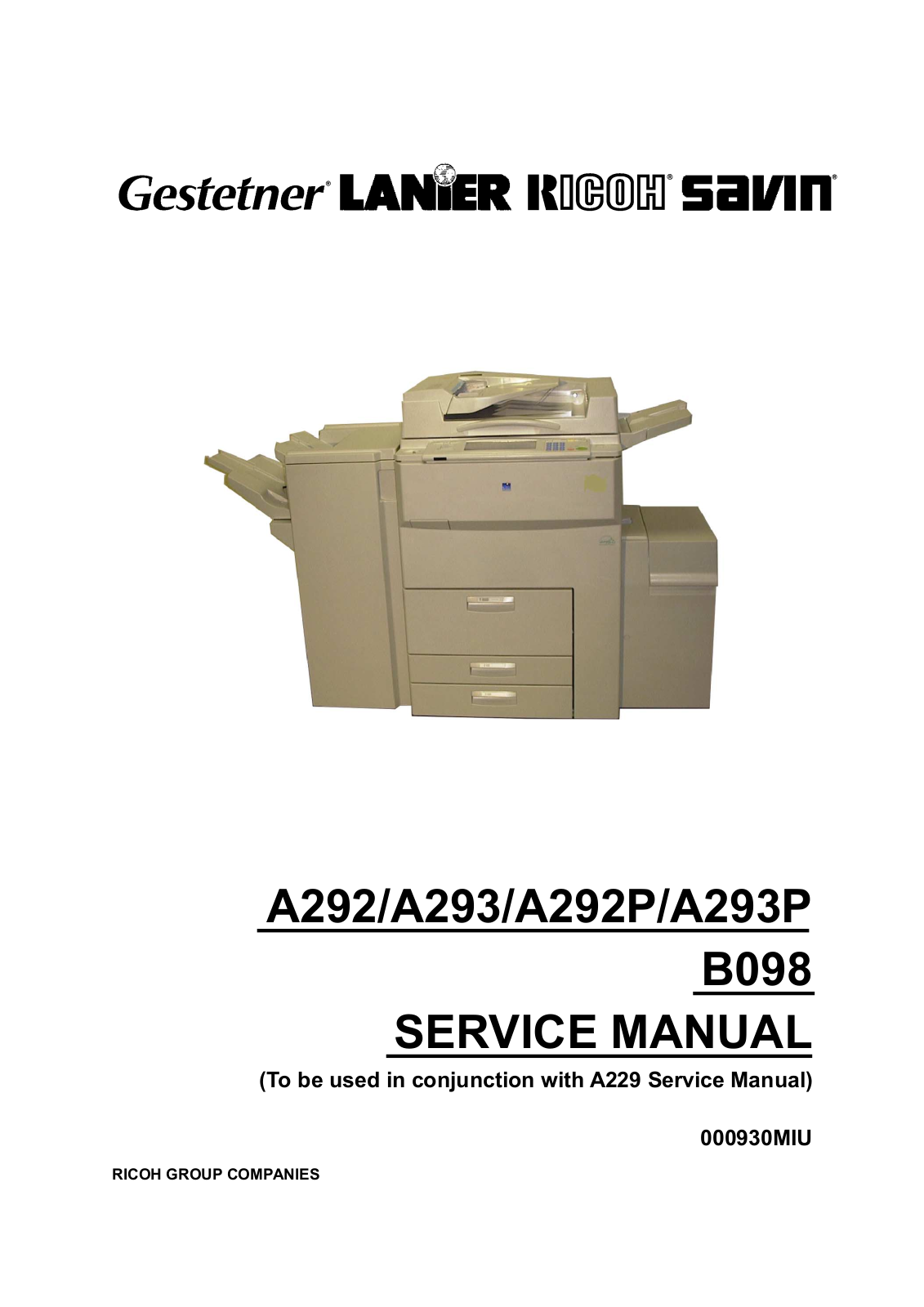 Ricoh A292, A293, A292P, A293P, B098 Service Manual