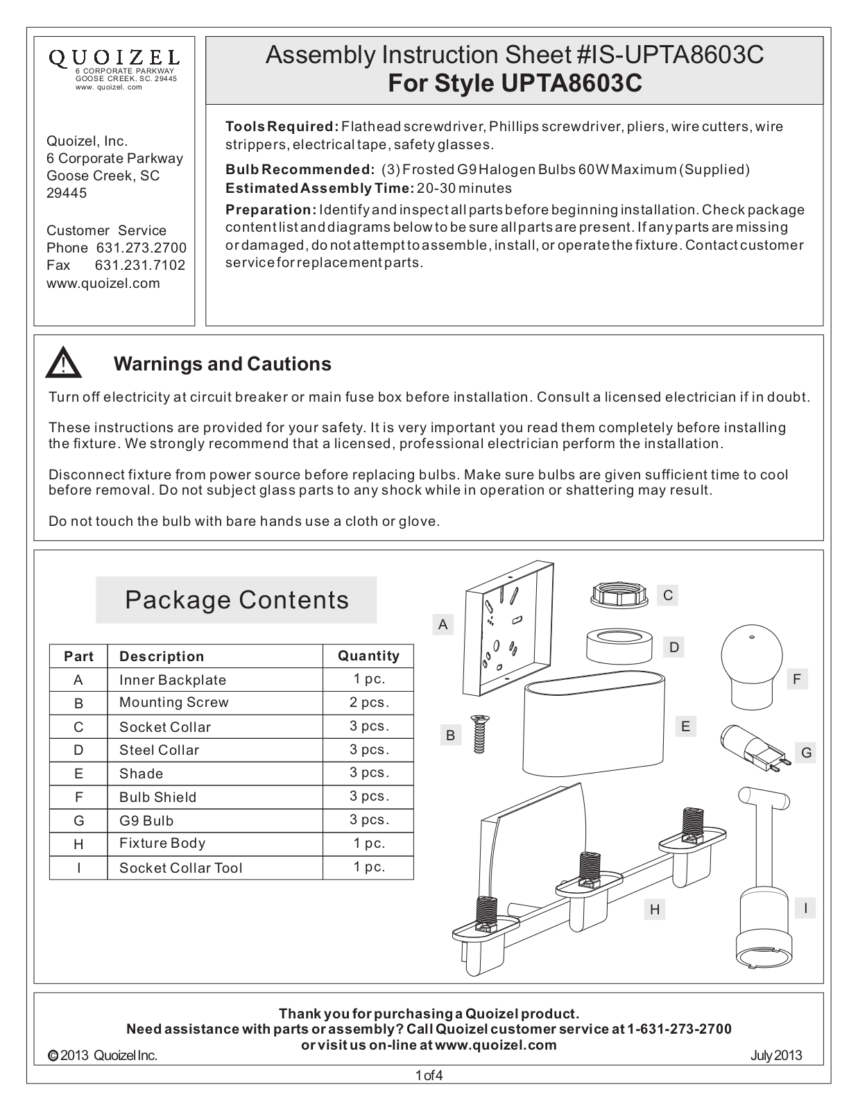 Quoizel UPTA8603C User Manual