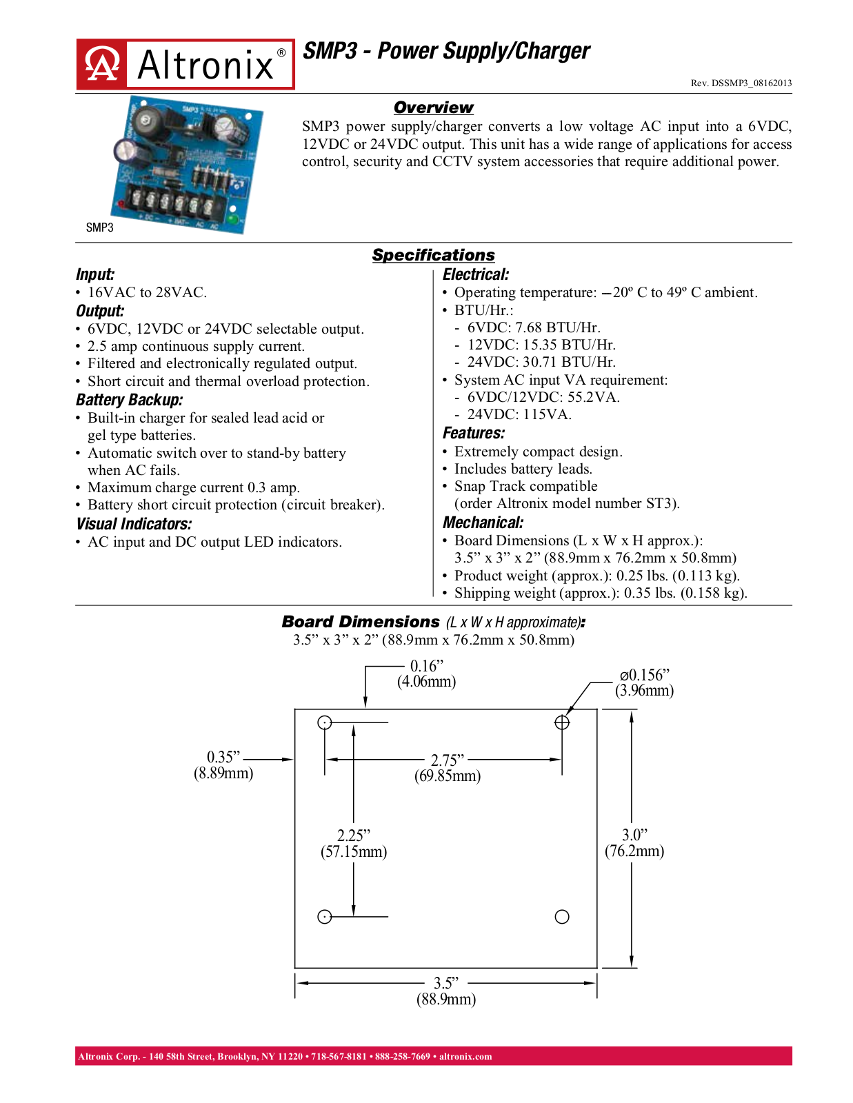 Altronix SMP3, SMP312C Specsheet