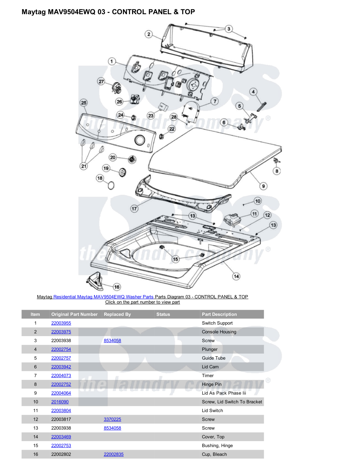 Maytag MAV9504EWQ Parts Diagram