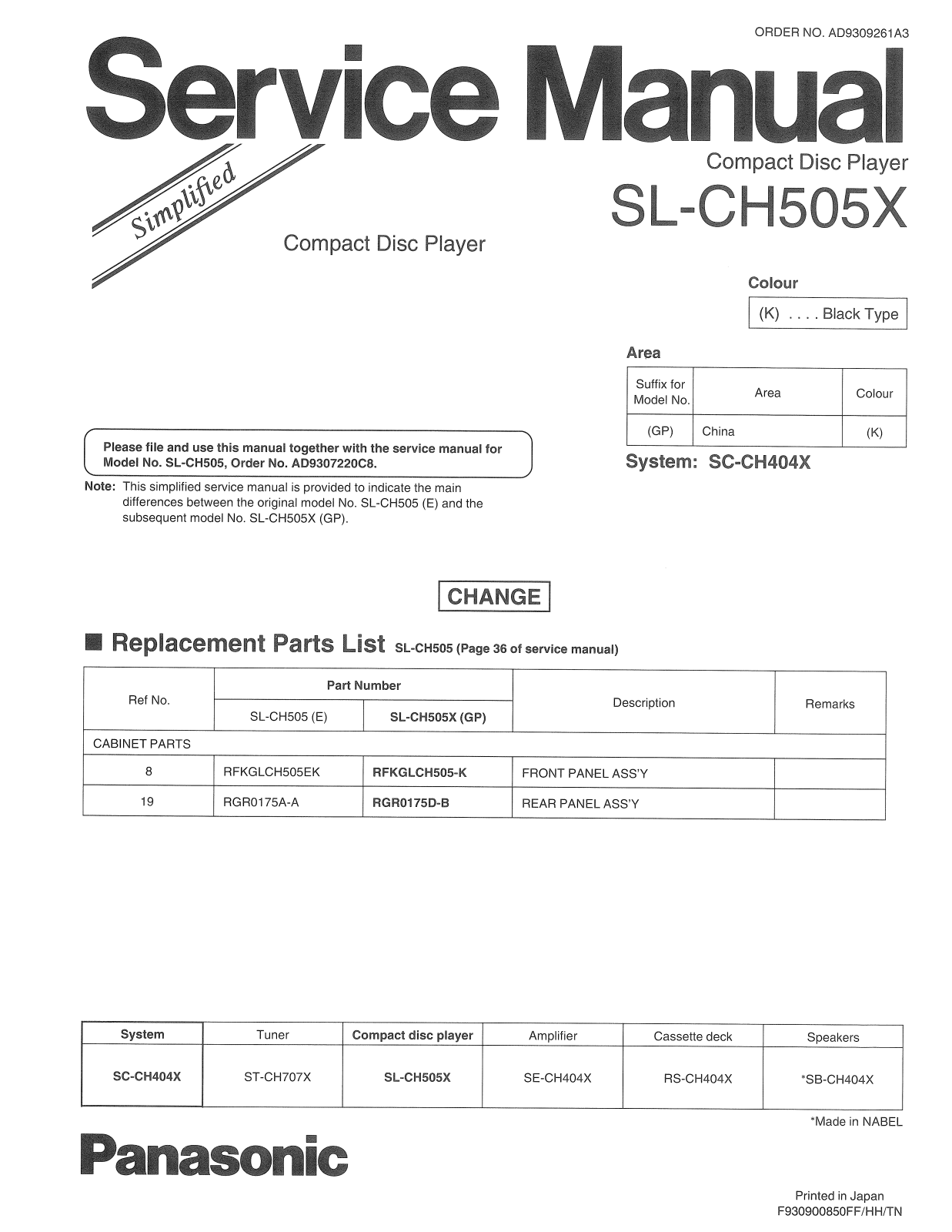 Panasonic SL CH505X Service Manual