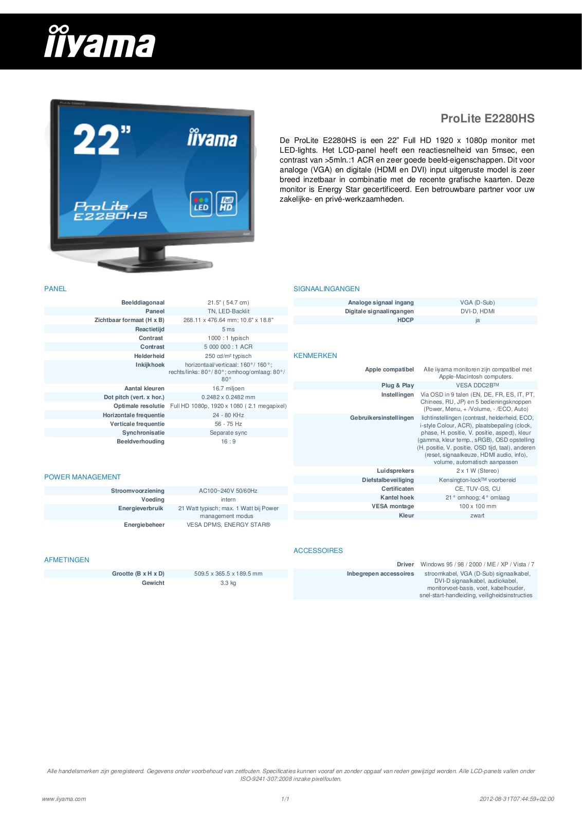 Iiyama PROLITE E2280HS User Manual