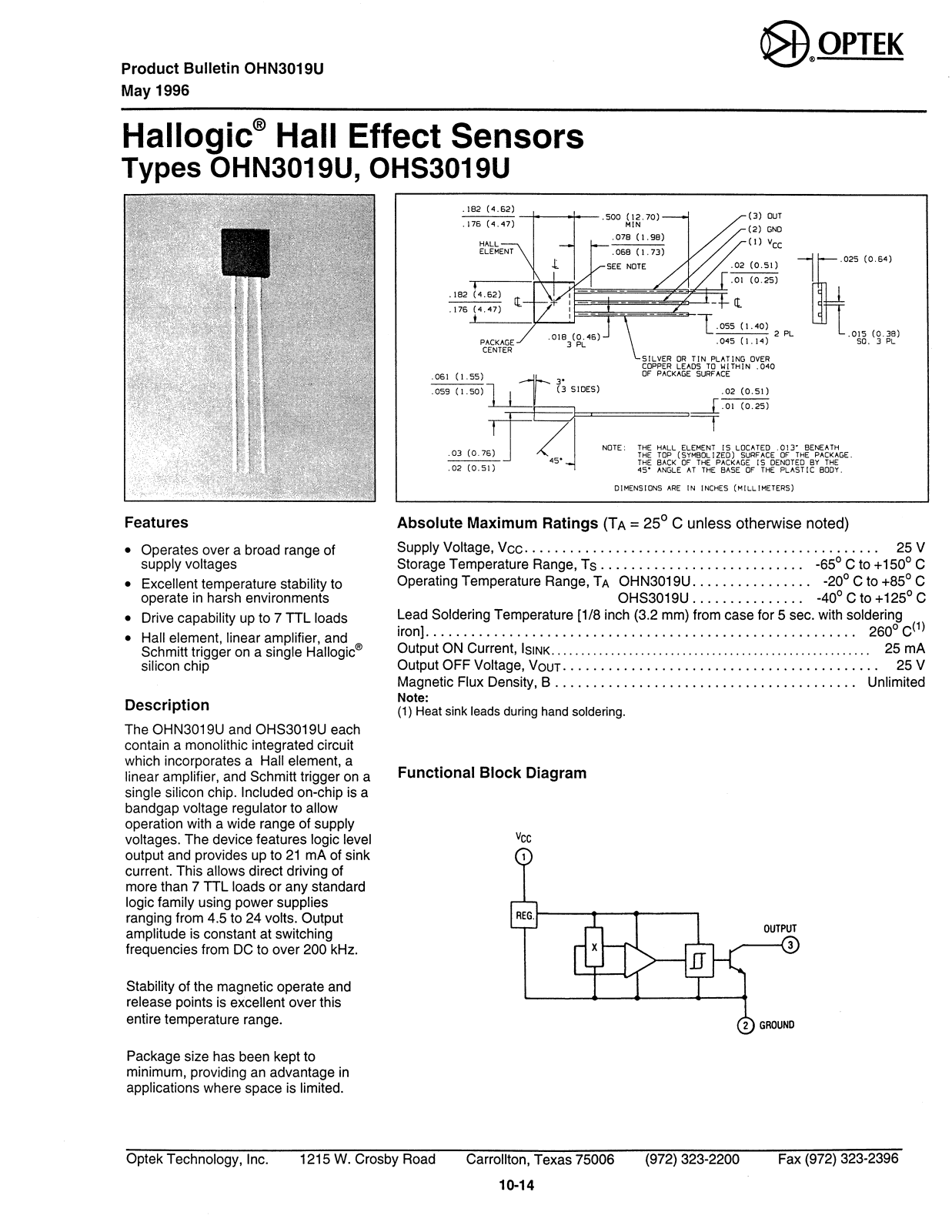 OPTEK OHS3019U, OHN3019U Datasheet