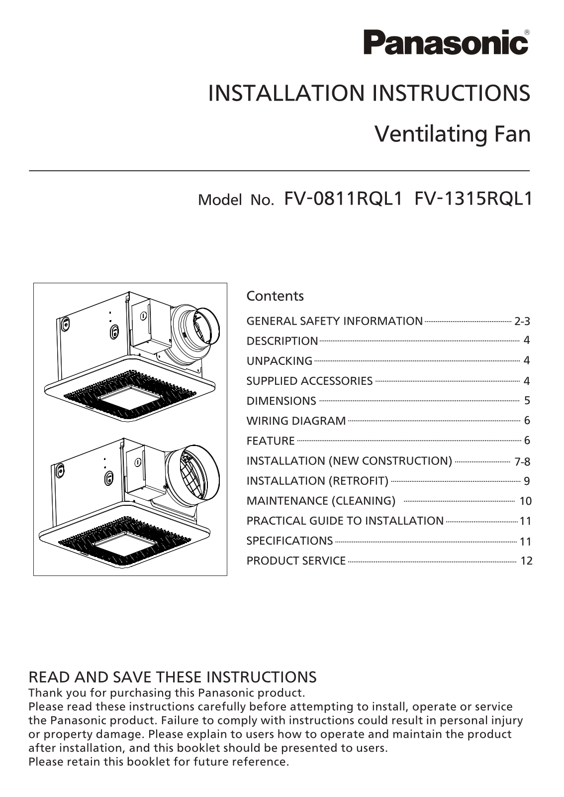 Panasonic fv-0811rql1v, fv-1315rql1 installation