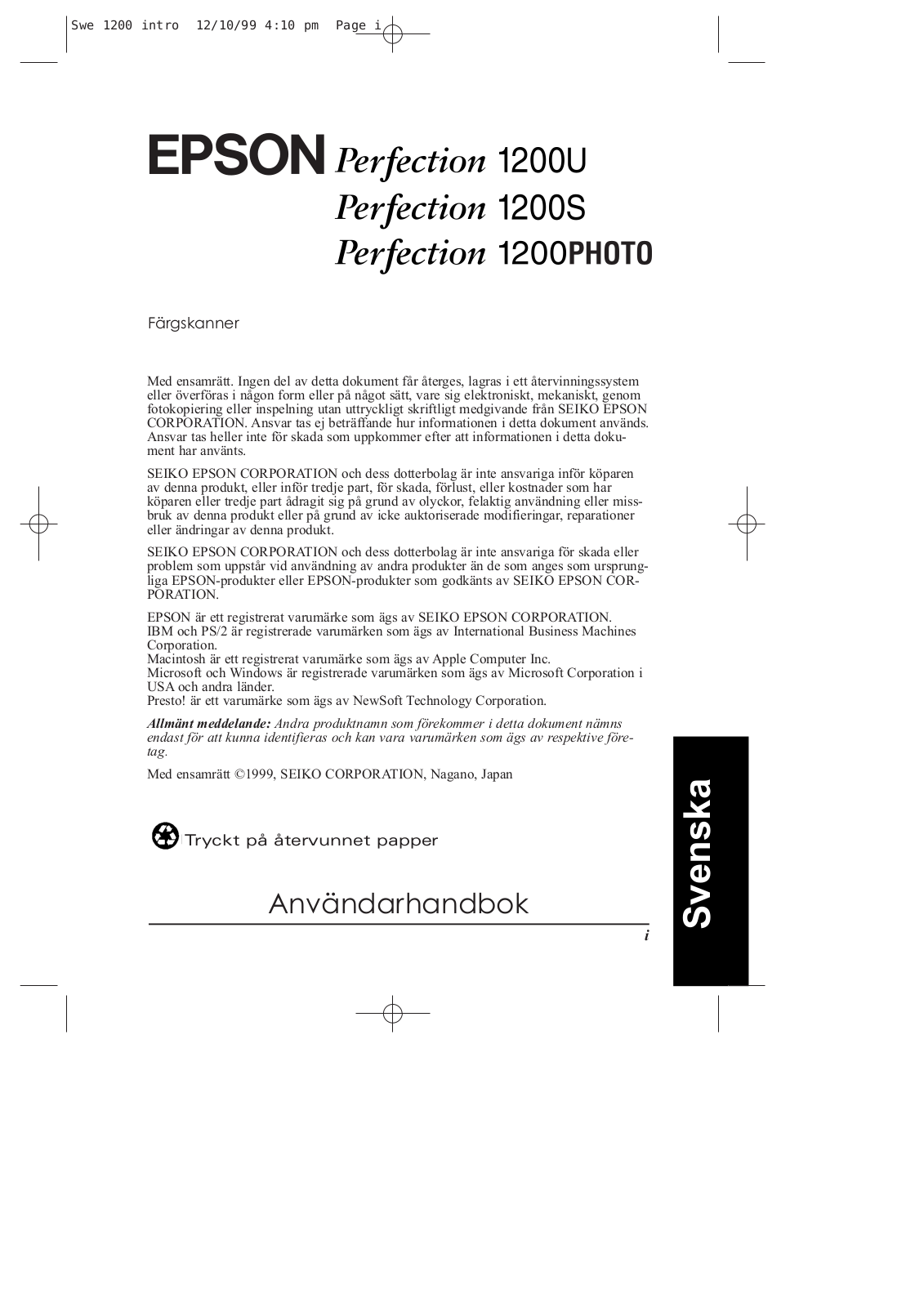 Epson PERFECTION 1200U, PERFECTION 1200S, PERFECTION 1200 User Manual