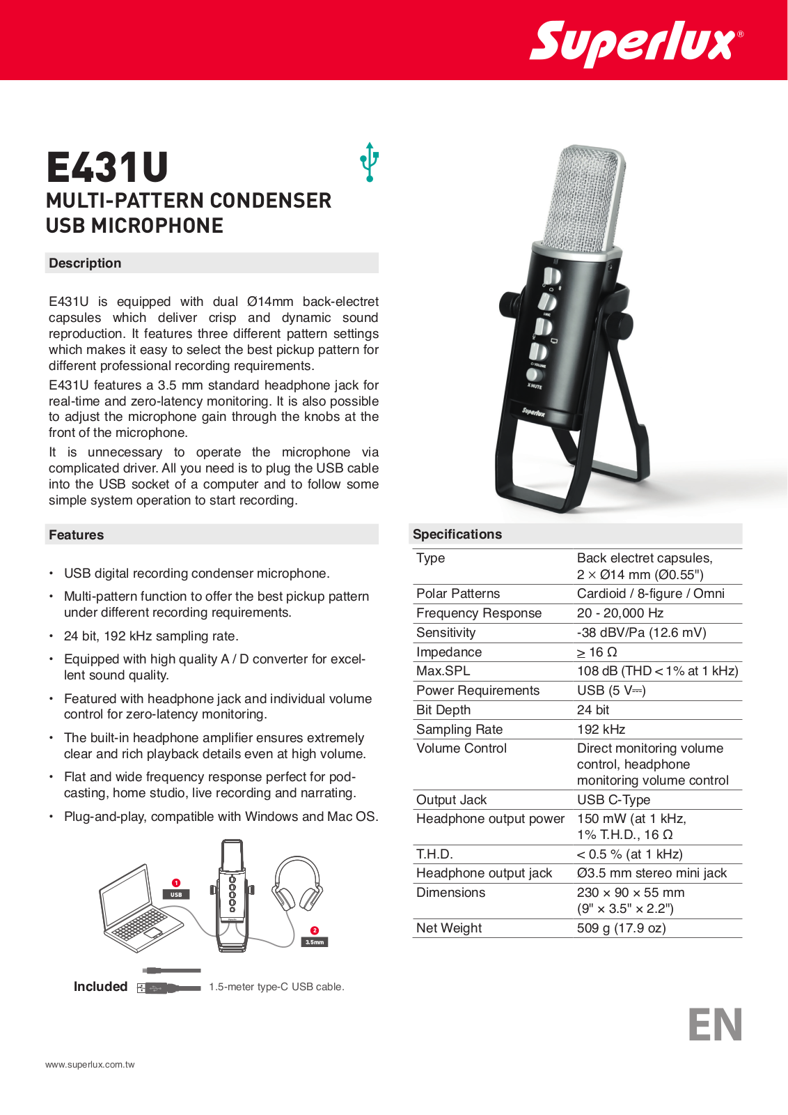 Superlux E431U SPECIFICATIONS