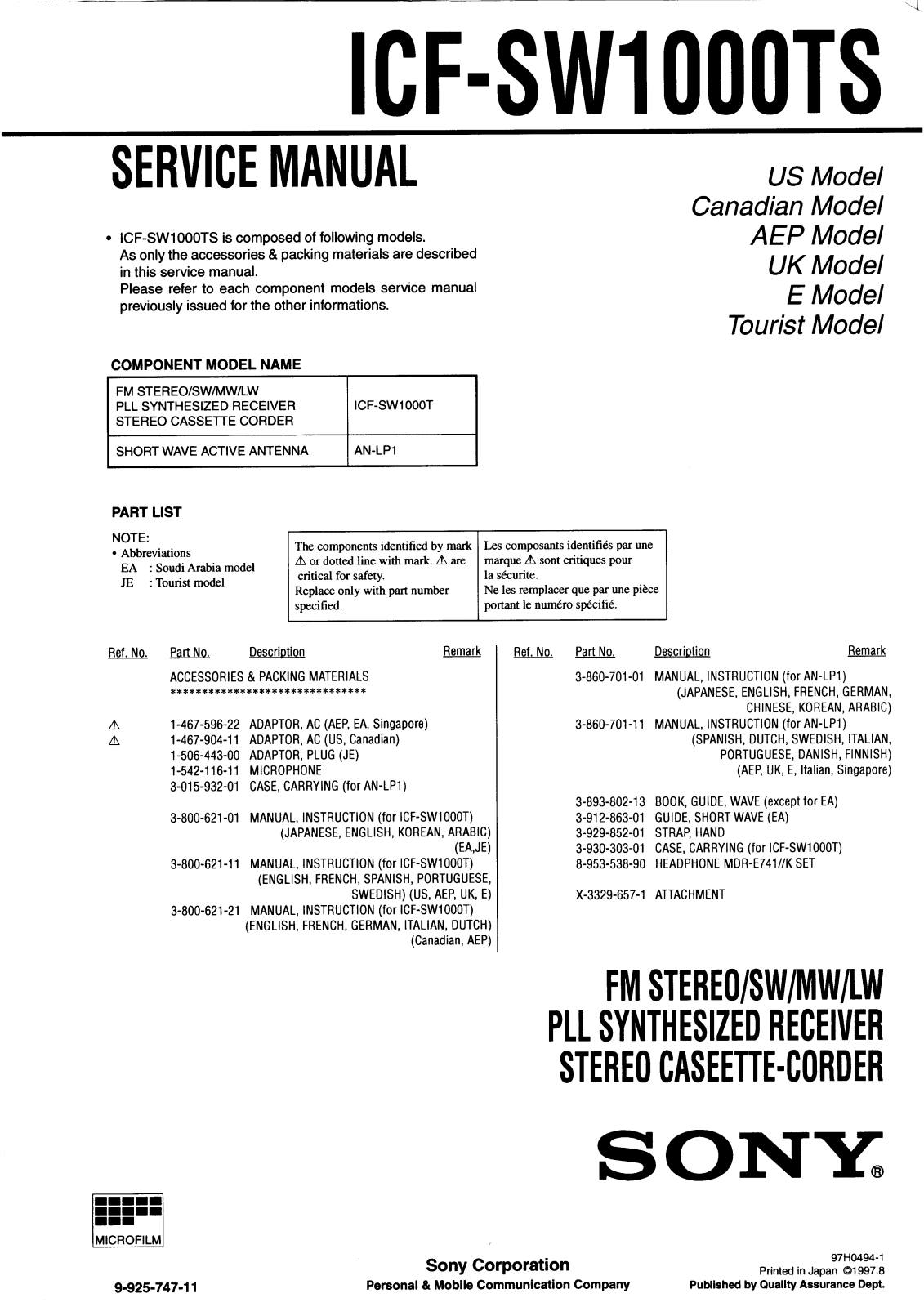 Sony ICF-SW1000TS Service Manual