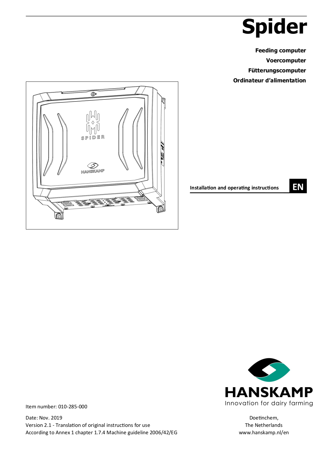 Hanskamp SpiderServer, Spider, SpiderClient Installation And Operating Instructions Manual