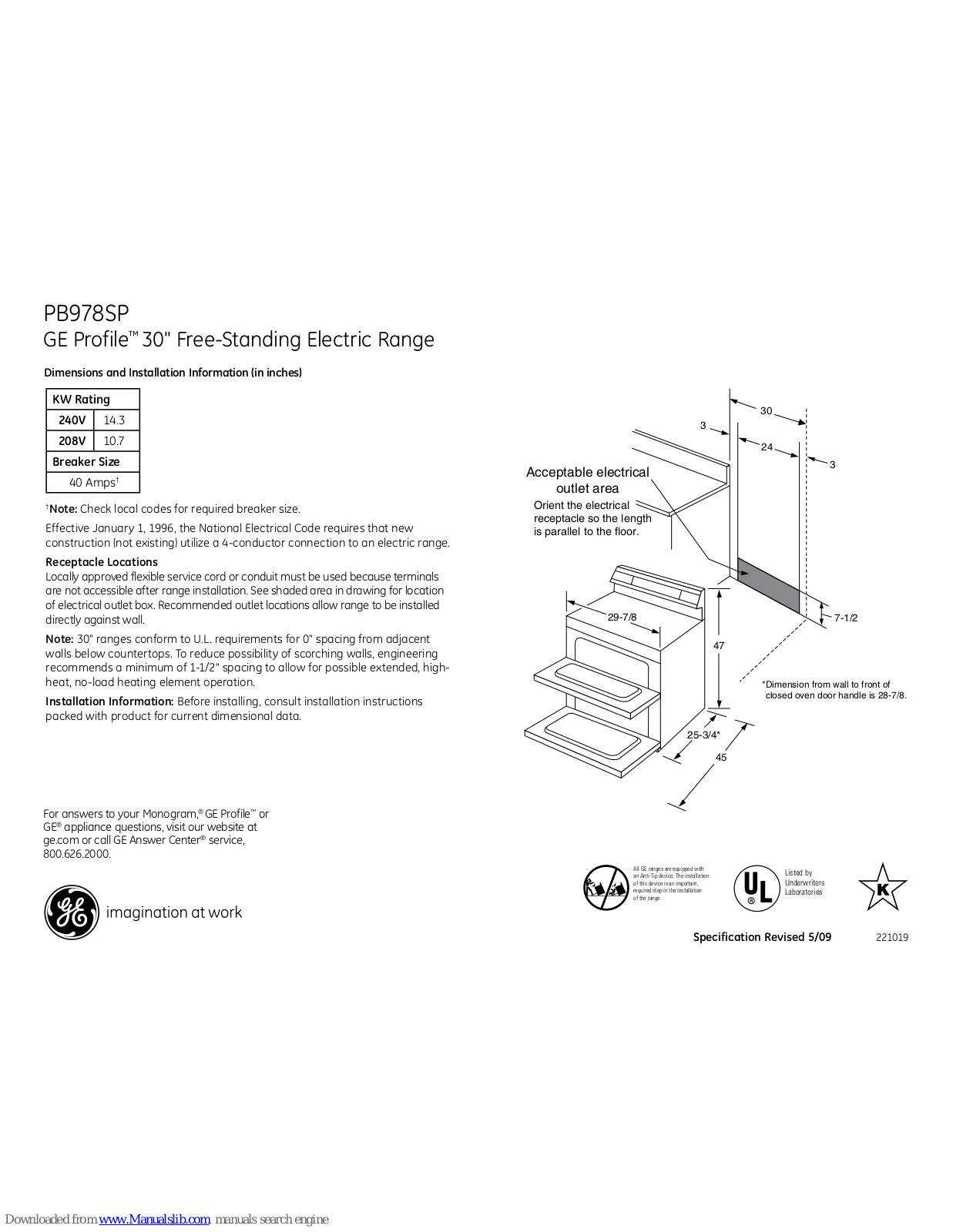 GE Profile PB978SPSS, Profile PB978SP Dimensions And Installation Information