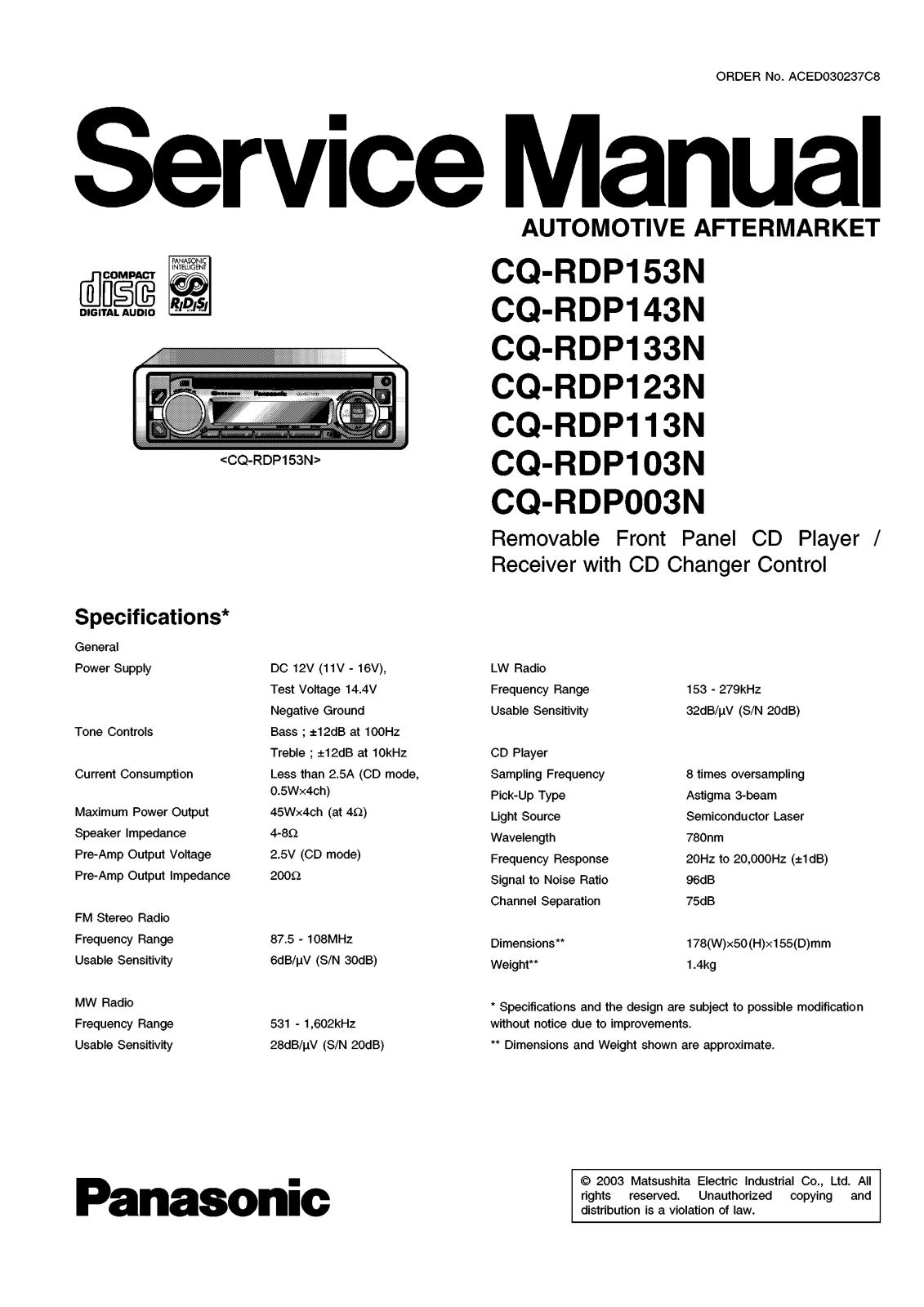 Panasonic CQRDP-003-N, CQRDP-103-N, CQRDP-113-N, CQRDP-123-N, CQRDP-133-N Service manual