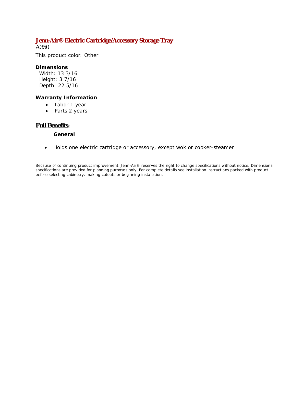 Jenn-Air A350 Quick Reference Guide