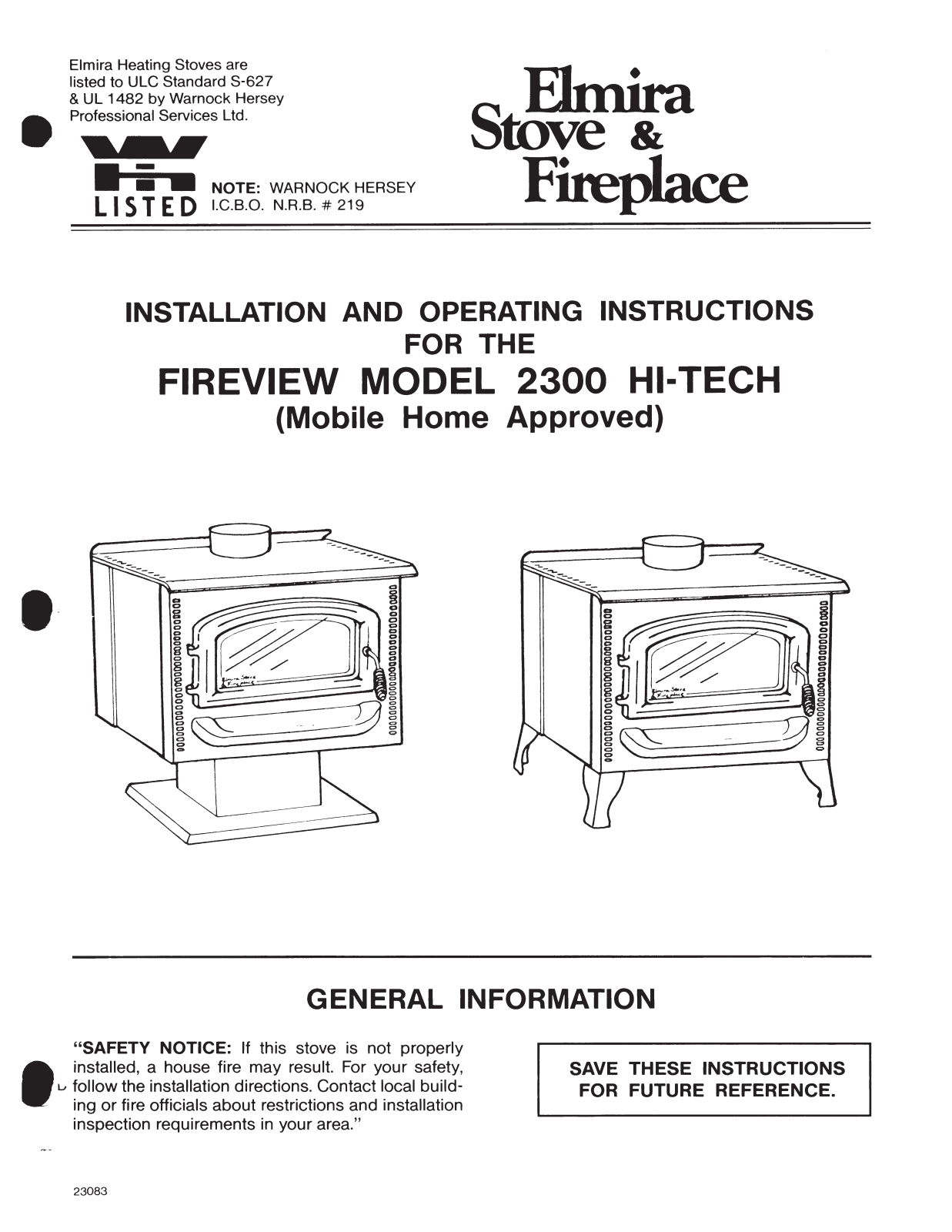 Elmira Stove Works FIREVIEW 2300 User Manual