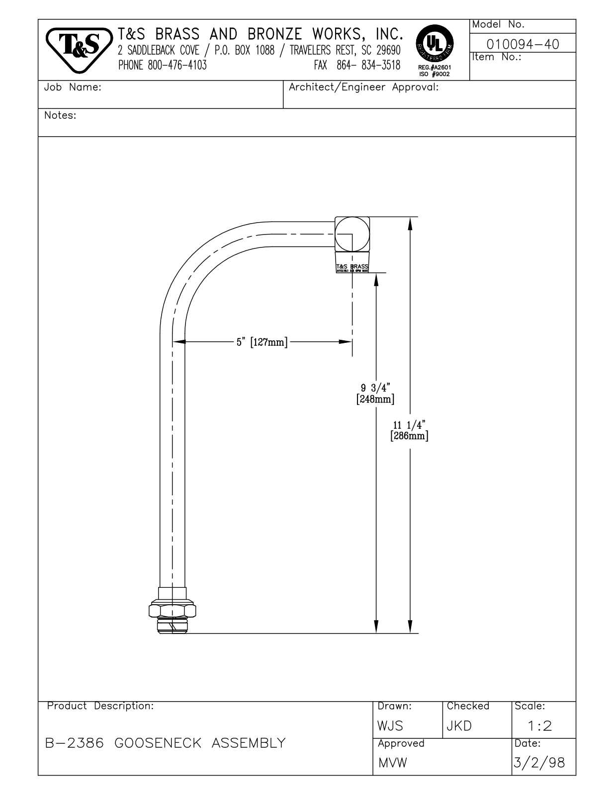 T&S Brass 010094-40 User Manual