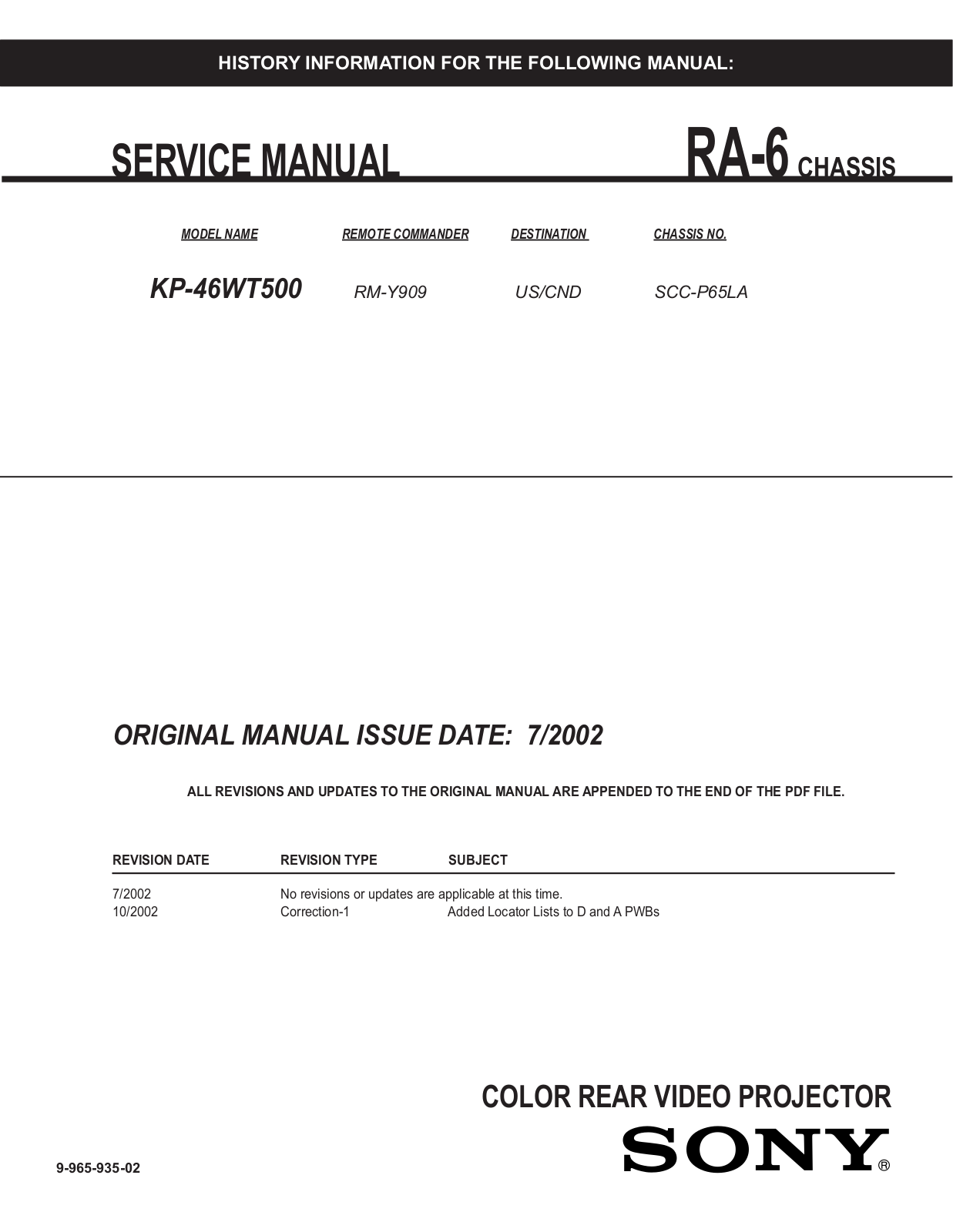 SONY KP-46WT500 Service Manual