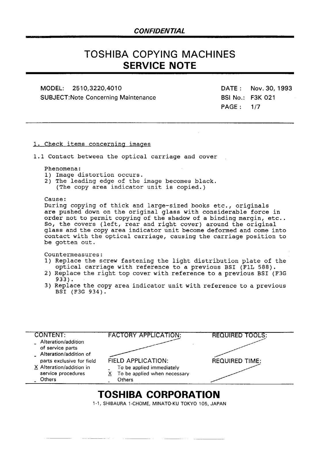 Toshiba f3k021 Service Note