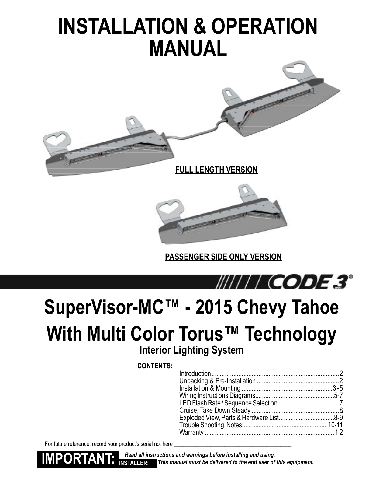 Code 3 MC SuperVisor Tahoe User Manual