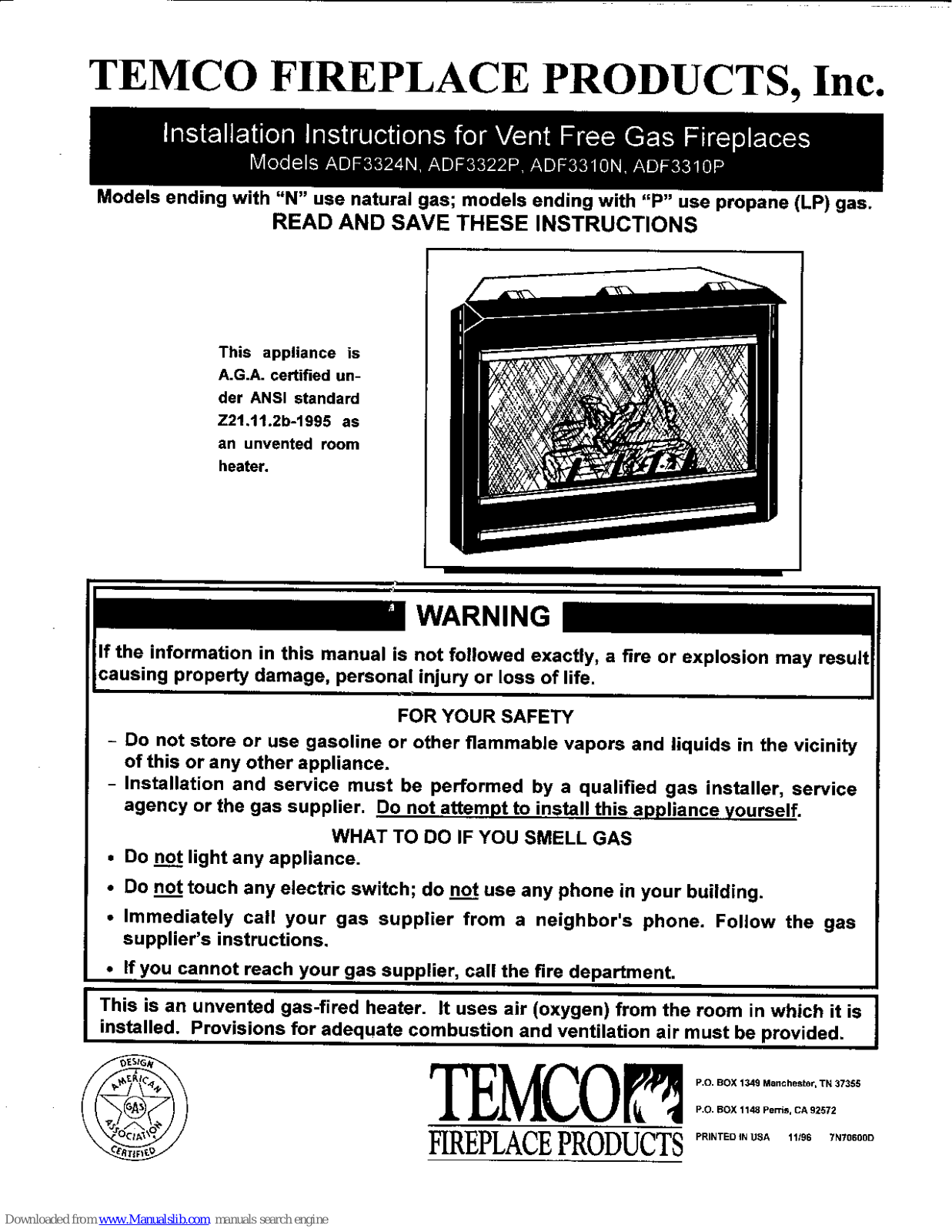 Temco ADF3324N, ADF3310N, ADF3322P, ADF3310P Installation Instructions Manual