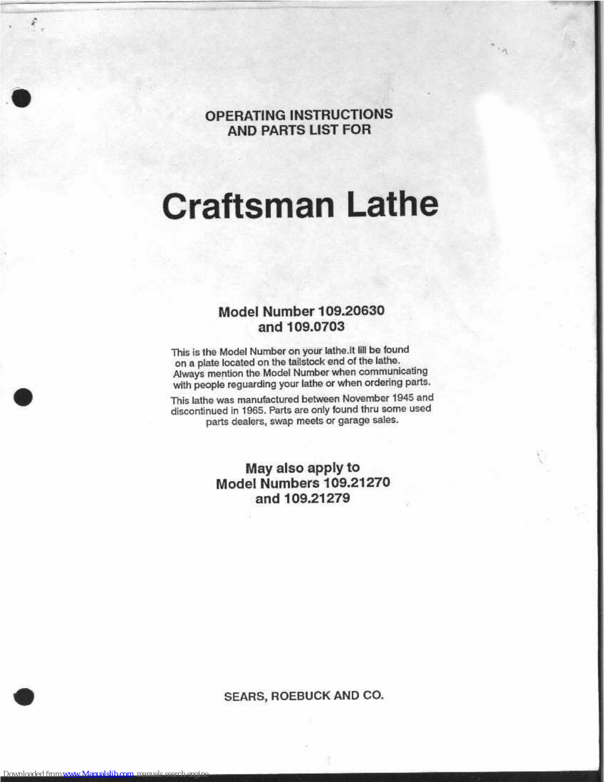 Craftsman 109.20630, 109.0703 Operating Instructions And Parts List Manual