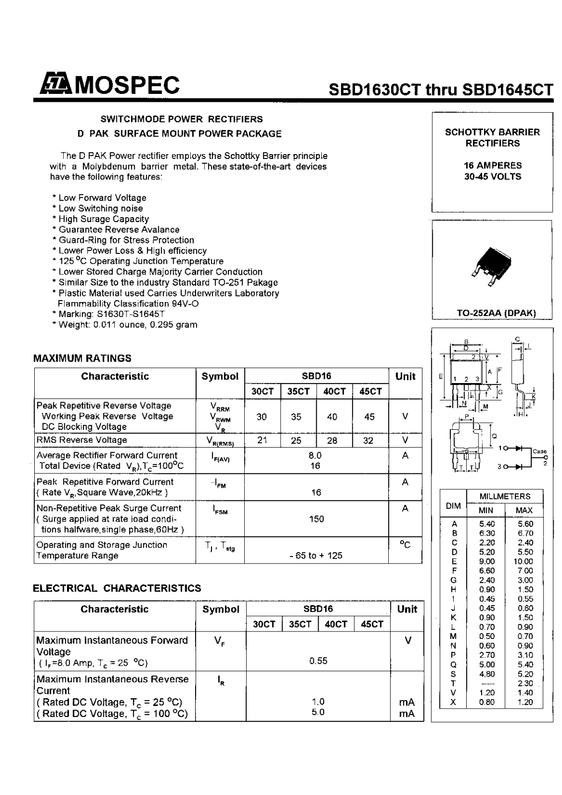 MOSPEC SBD1630CT, SBD1635CT, SBD1640CT, SBD1645CT Datasheet