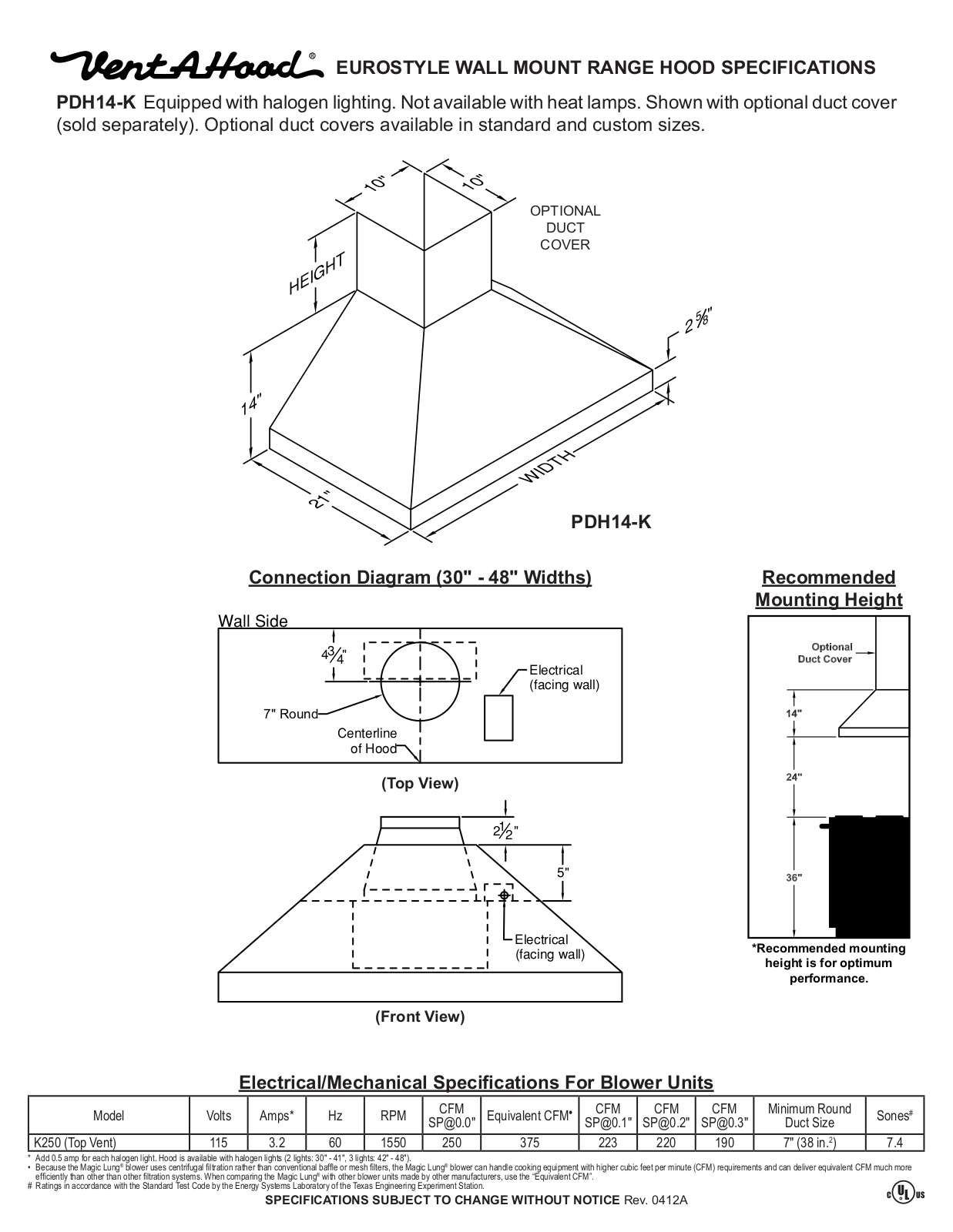 Vent-A-Hood PDH14-K SPECIFICATIONS